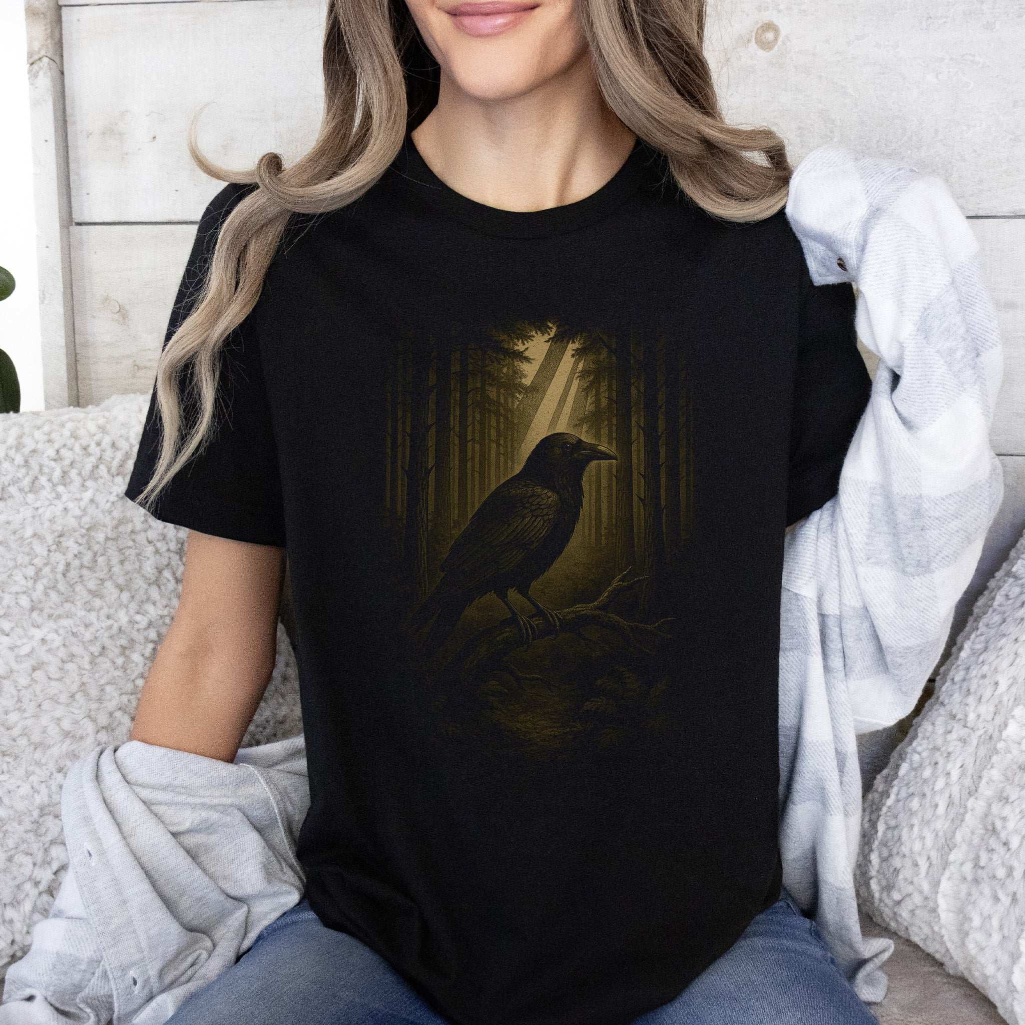 Raven Spirit Animal T-Shirt – Gothic Forest Mystery Vibes featuring a raven perched in a dark forest.