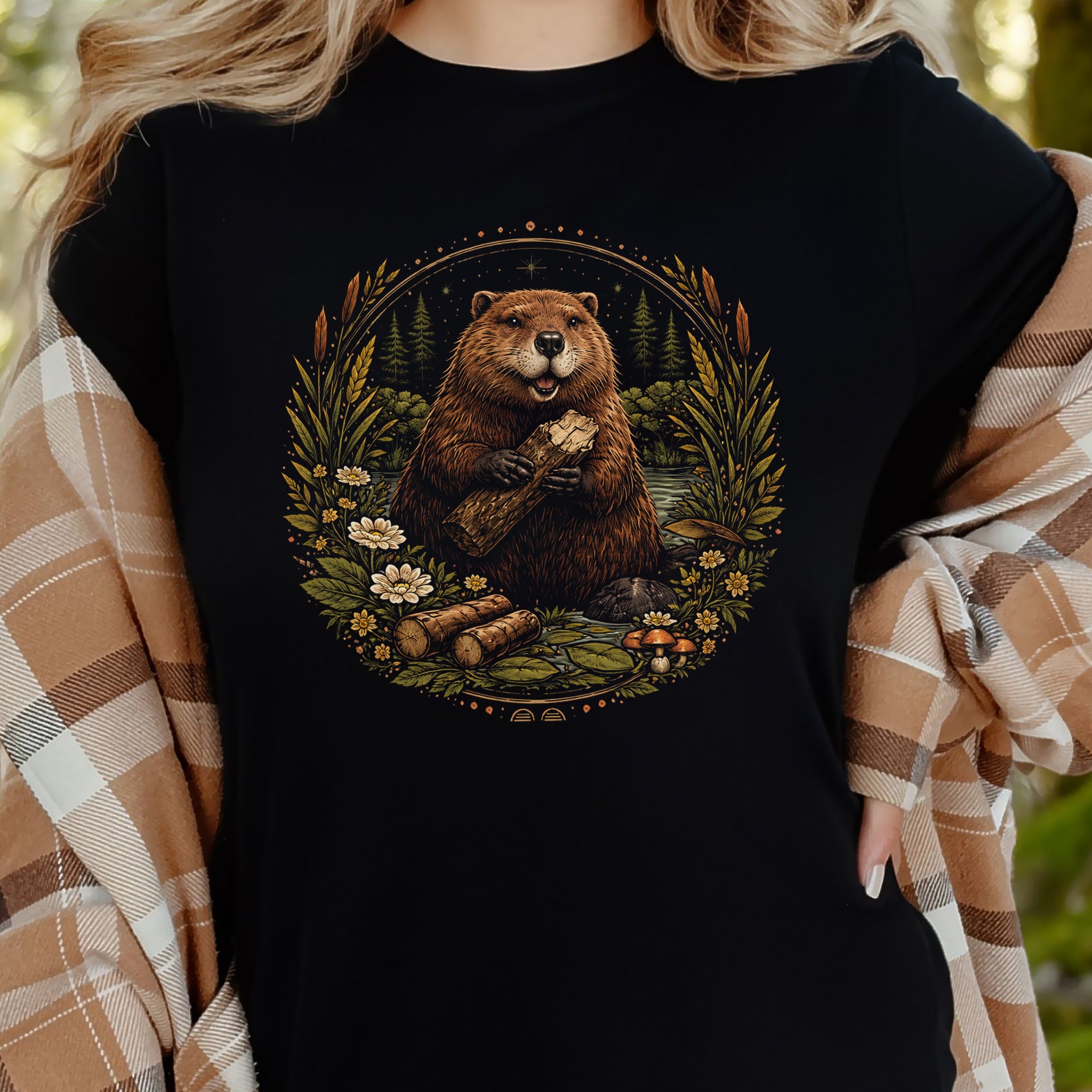 Beaver Forest Architect Botanical Wildflower River Scene T-Shirt