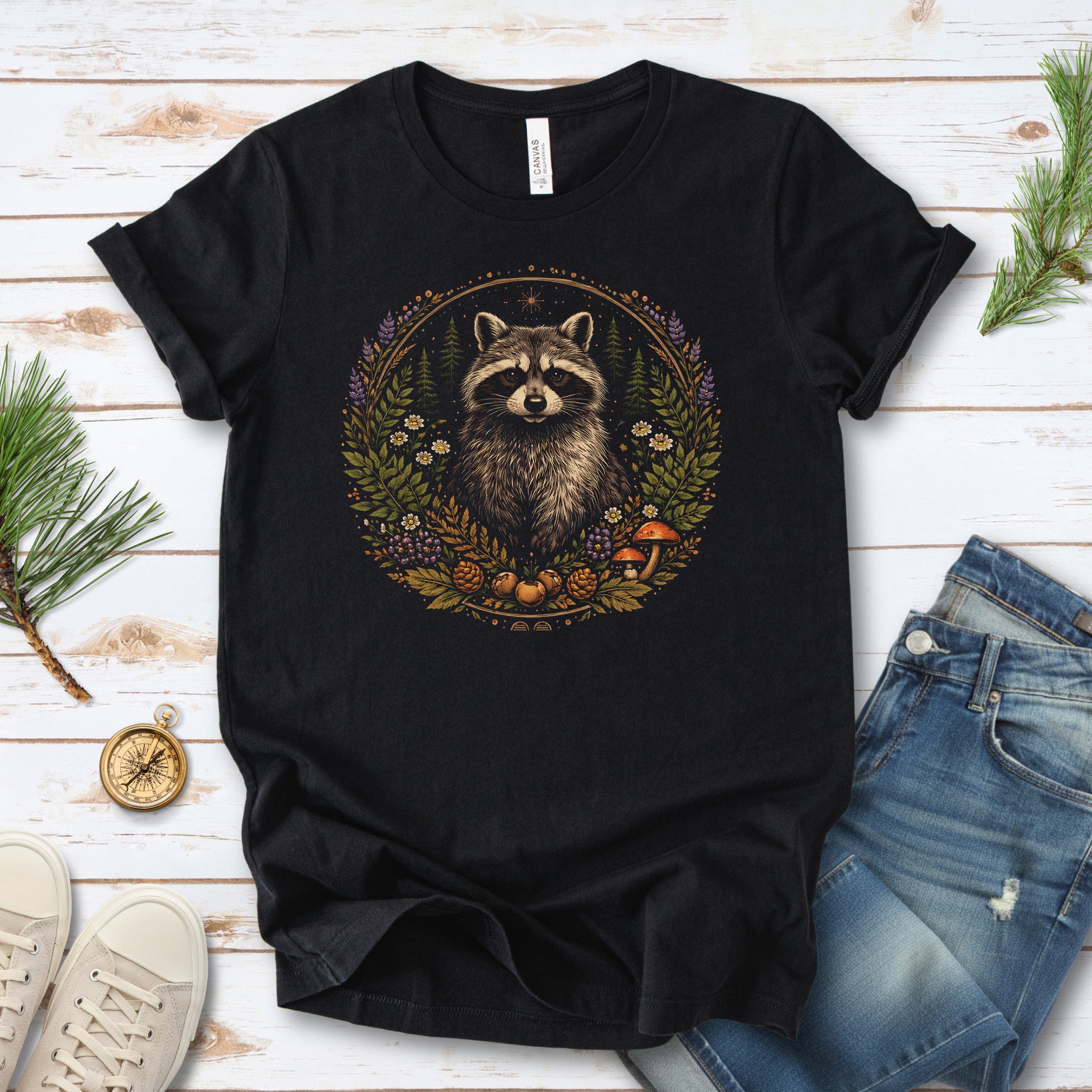 Forest Guardian Raccoon Botanical Wildflower T-Shirt