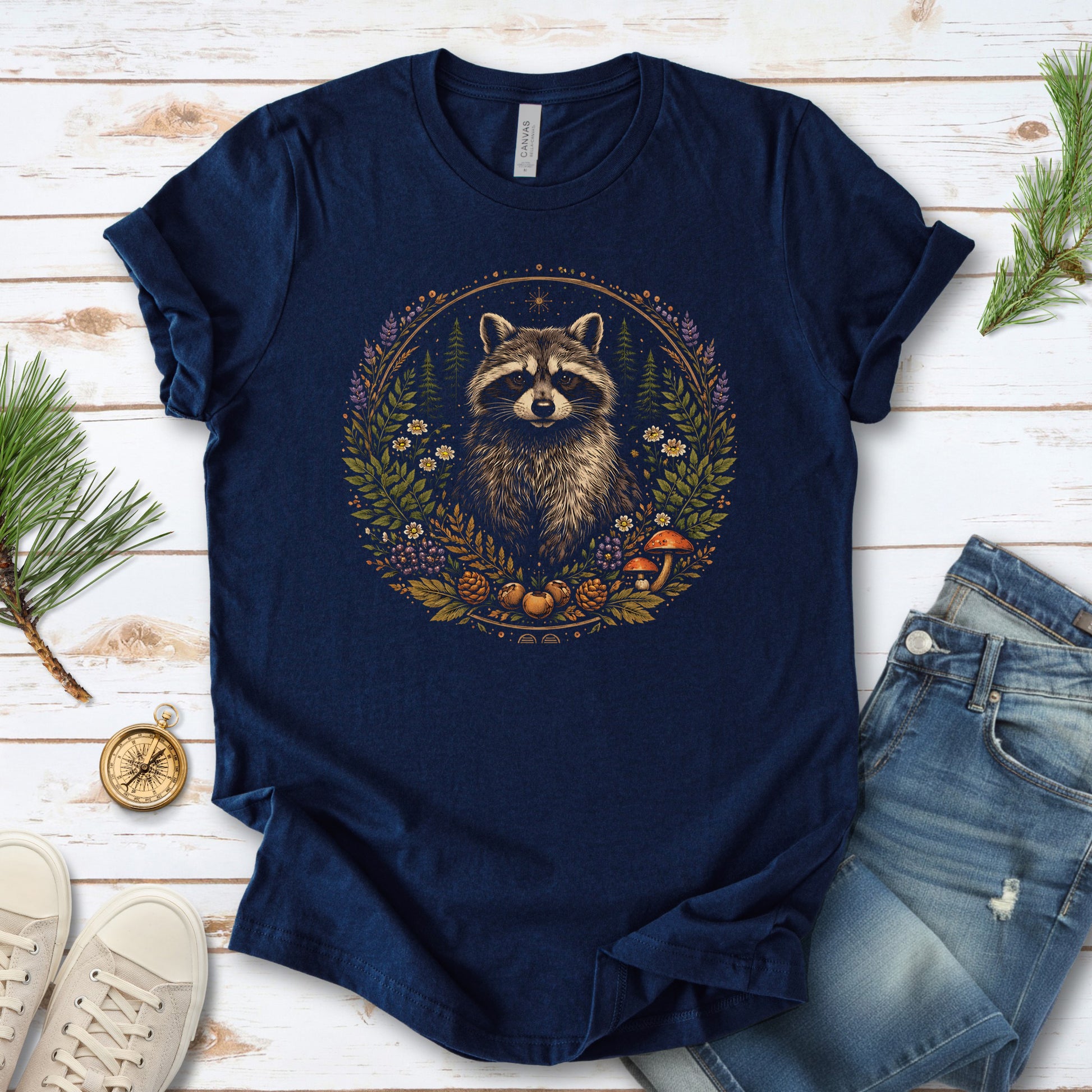 Forest Guardian Raccoon Botanical Wildflower T-Shirt