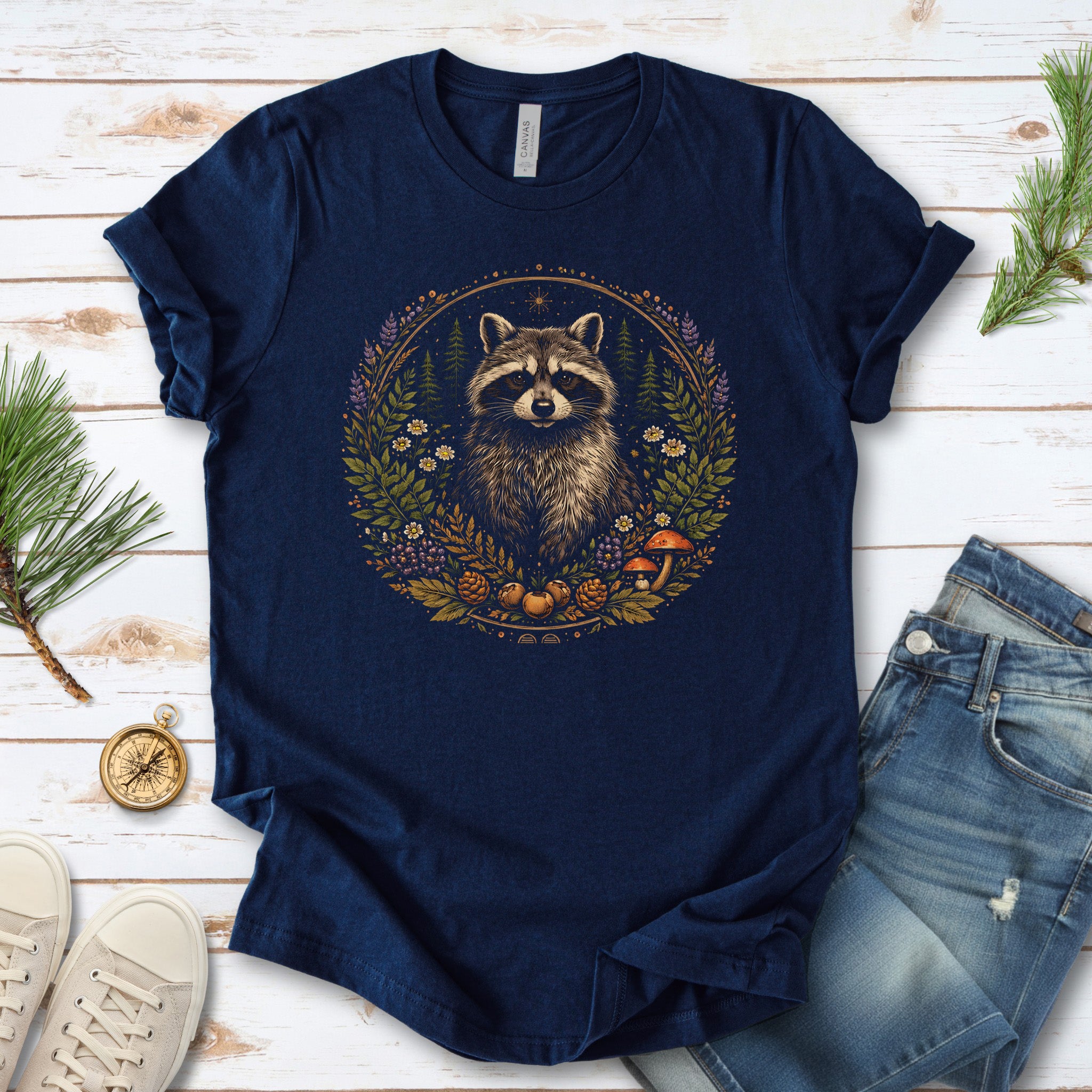 Forest Guardian Raccoon Botanical Wildflower T-Shirt