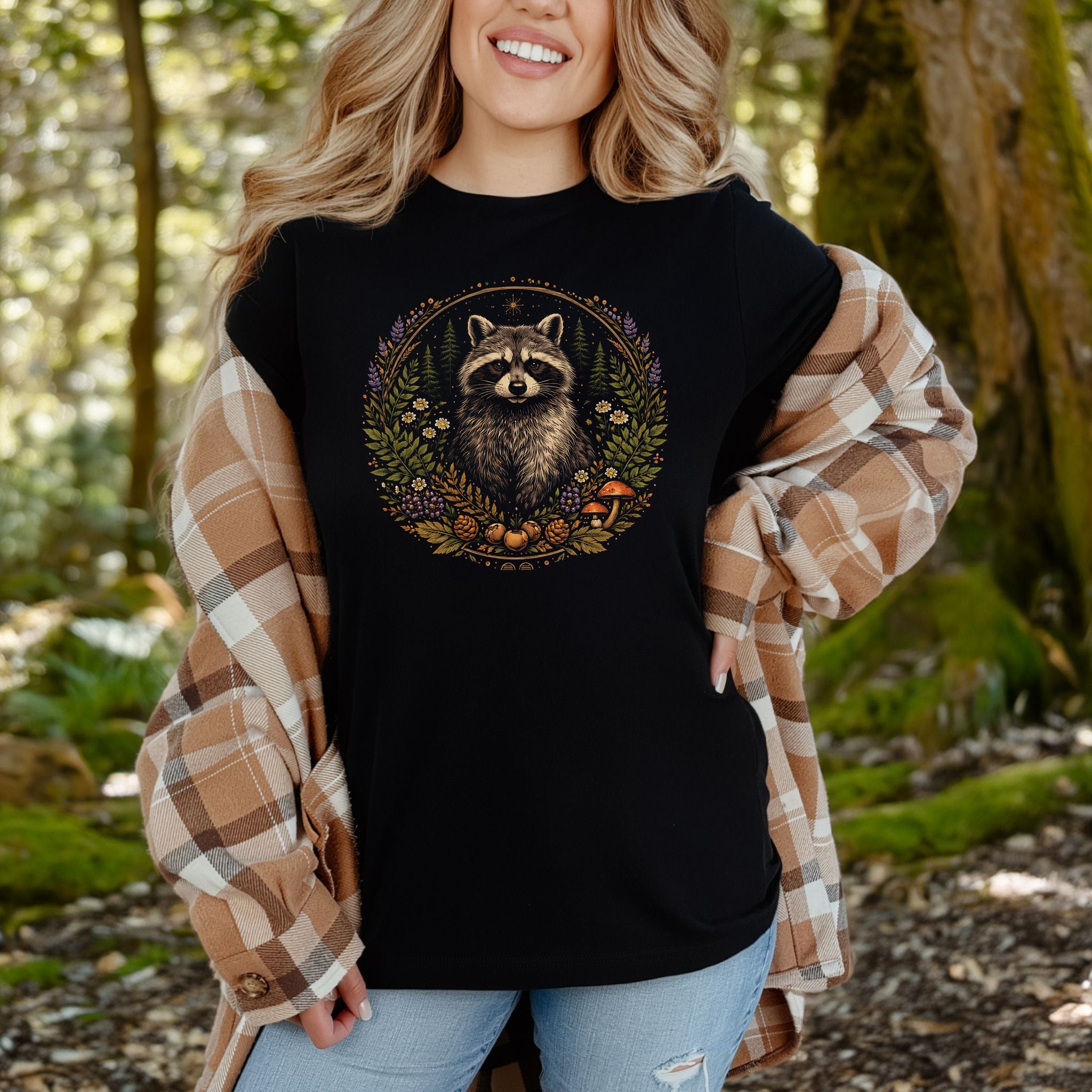 Forest Guardian Raccoon Botanical Wildflower T-Shirt
