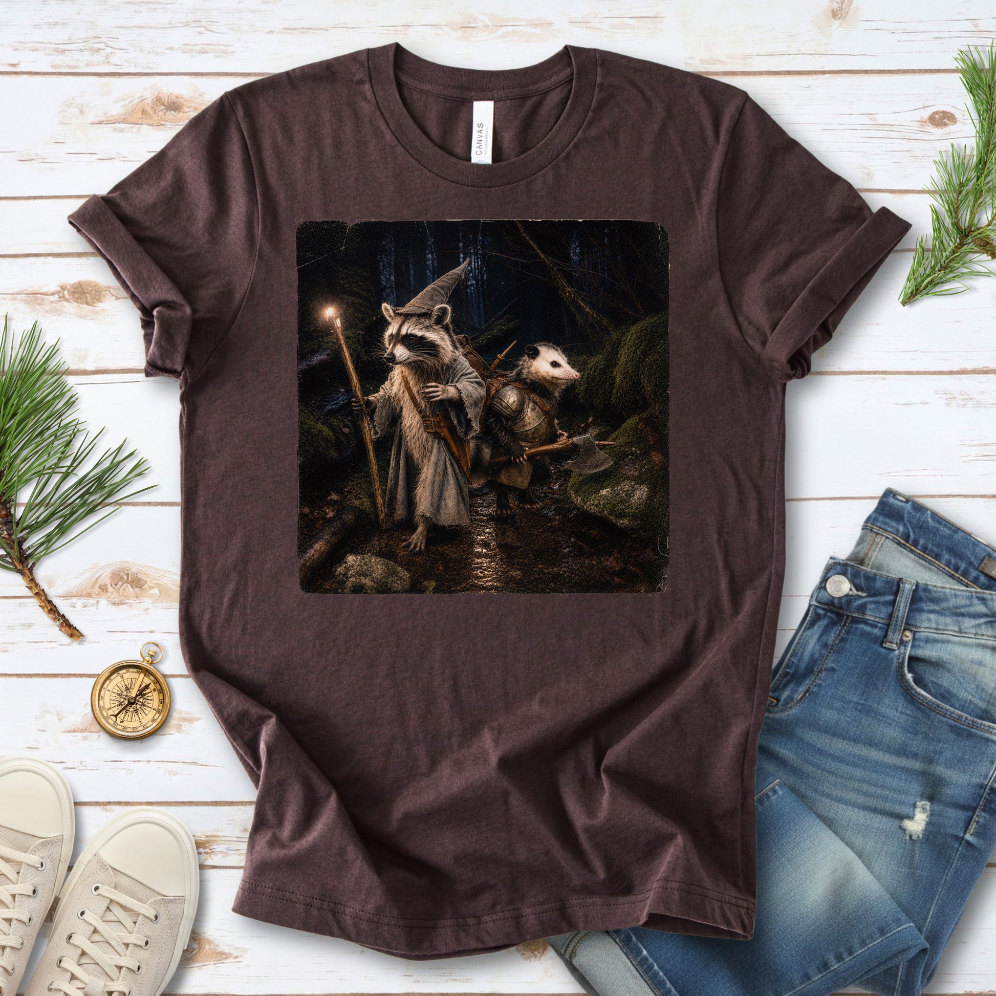 Forest Quest Wizard Raccoon Opossum Fantasy Adventure T-Shirt