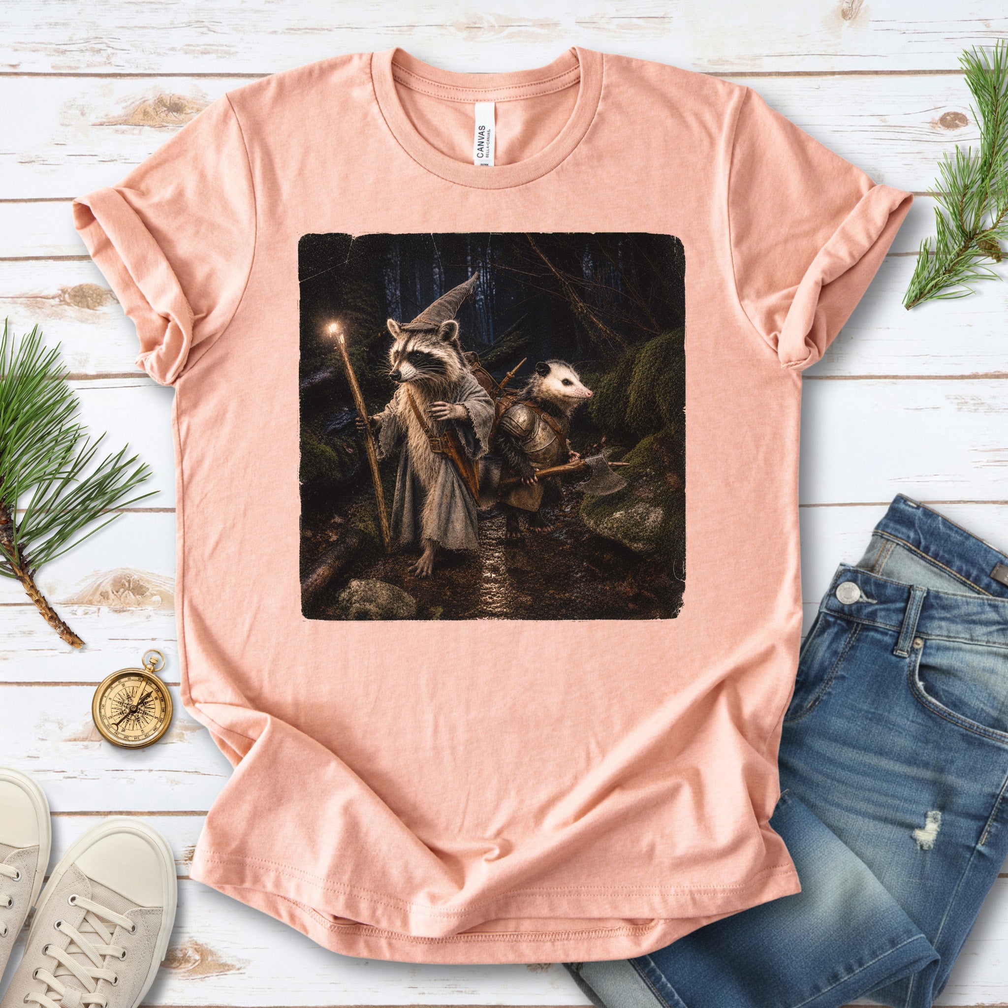 Forest Quest Wizard Raccoon Opossum Fantasy Adventure T-Shirt