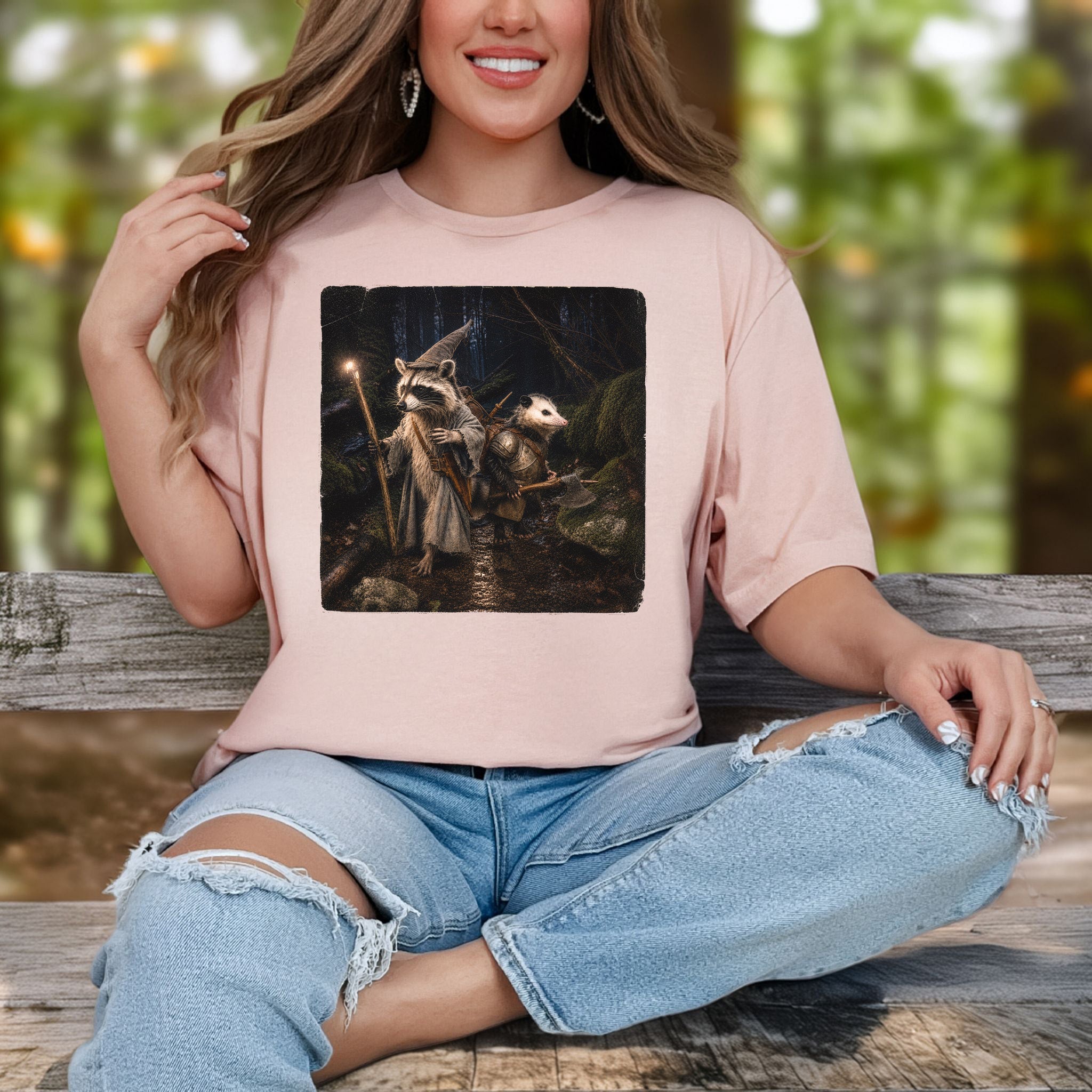 Forest Quest Wizard Raccoon Opossum Fantasy Adventure T-Shirt