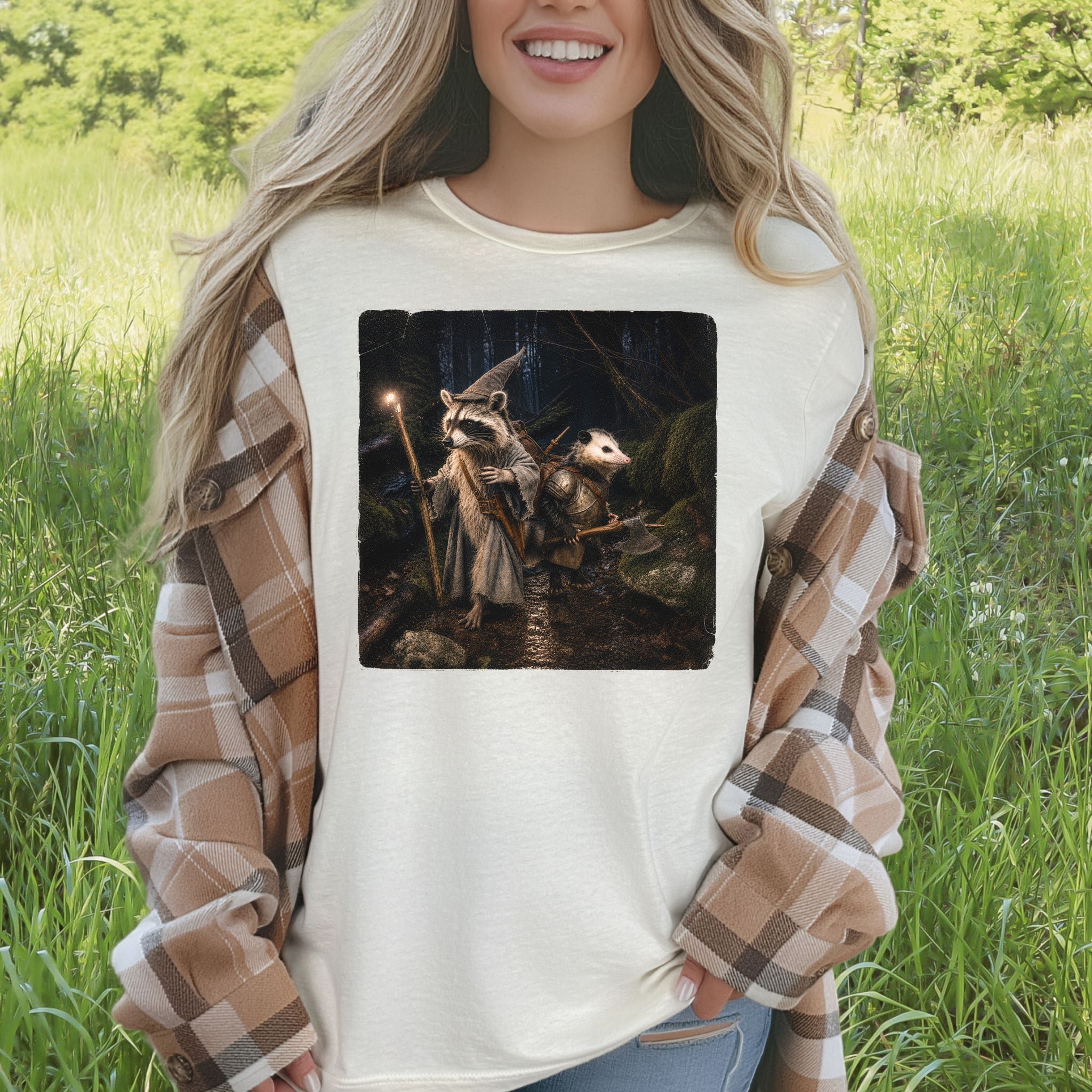 Forest Quest Wizard Raccoon Opossum Fantasy Adventure T-Shirt