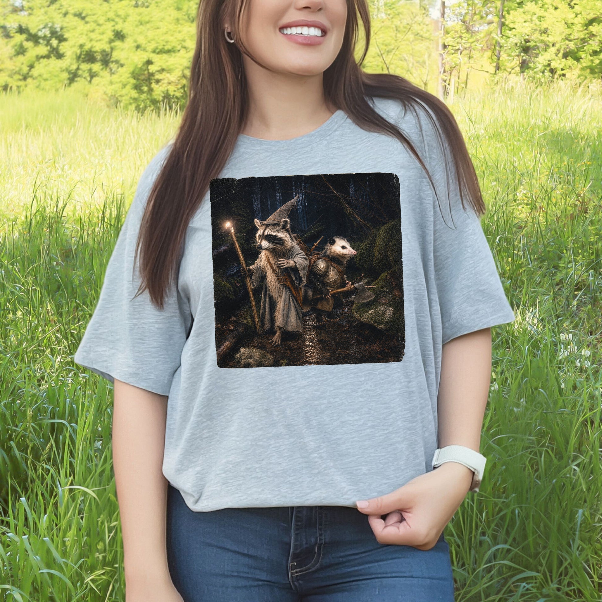 Forest Quest Wizard Raccoon Opossum Fantasy Adventure T-Shirt