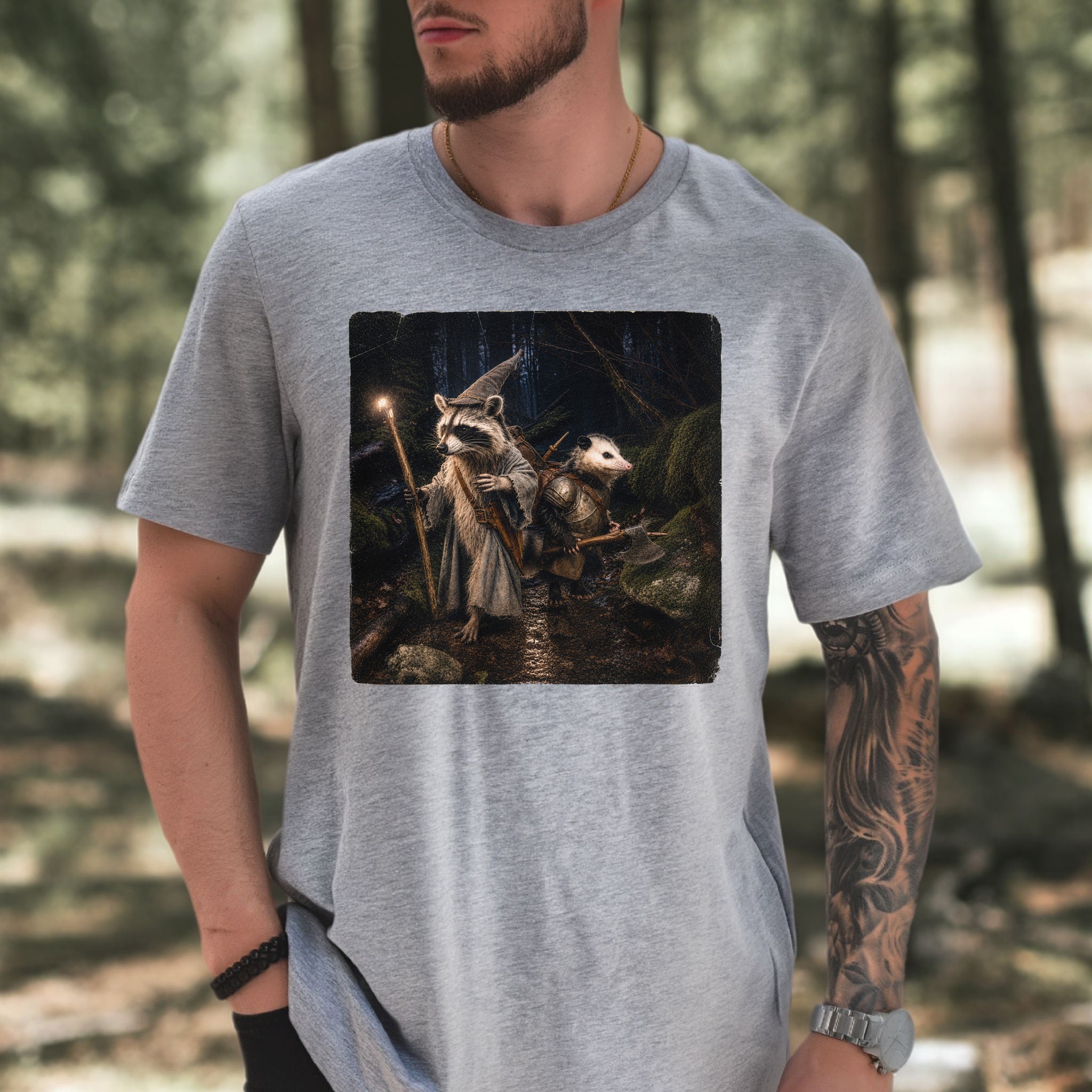 Forest Quest Wizard Raccoon Opossum Fantasy Adventure T-Shirt