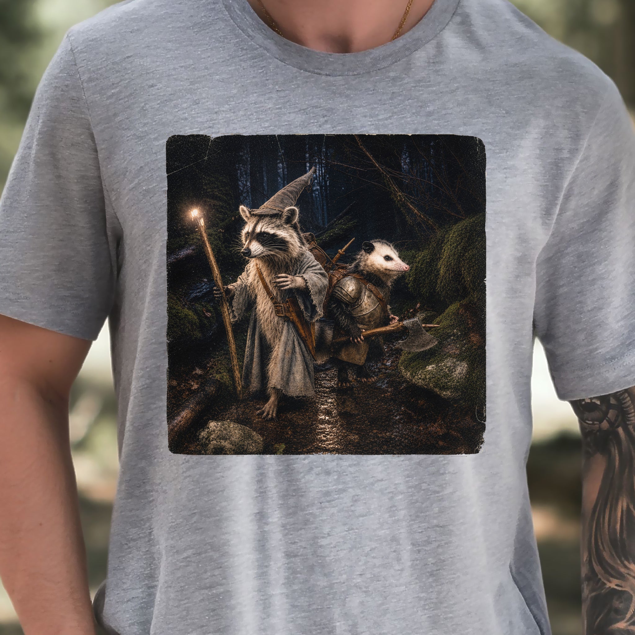 Forest Quest Wizard Raccoon Opossum Fantasy Adventure T-Shirt