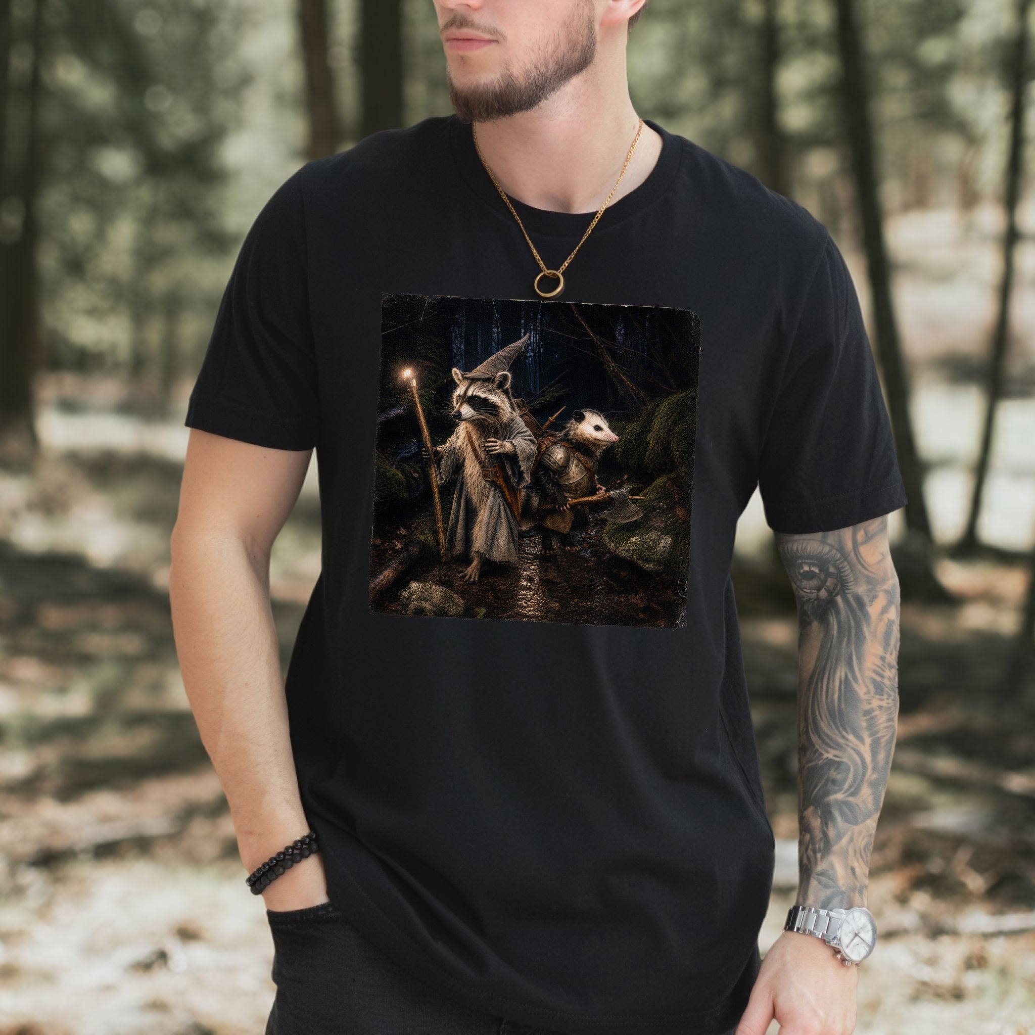 Forest Quest Wizard Raccoon Opossum Fantasy Adventure T-Shirt
