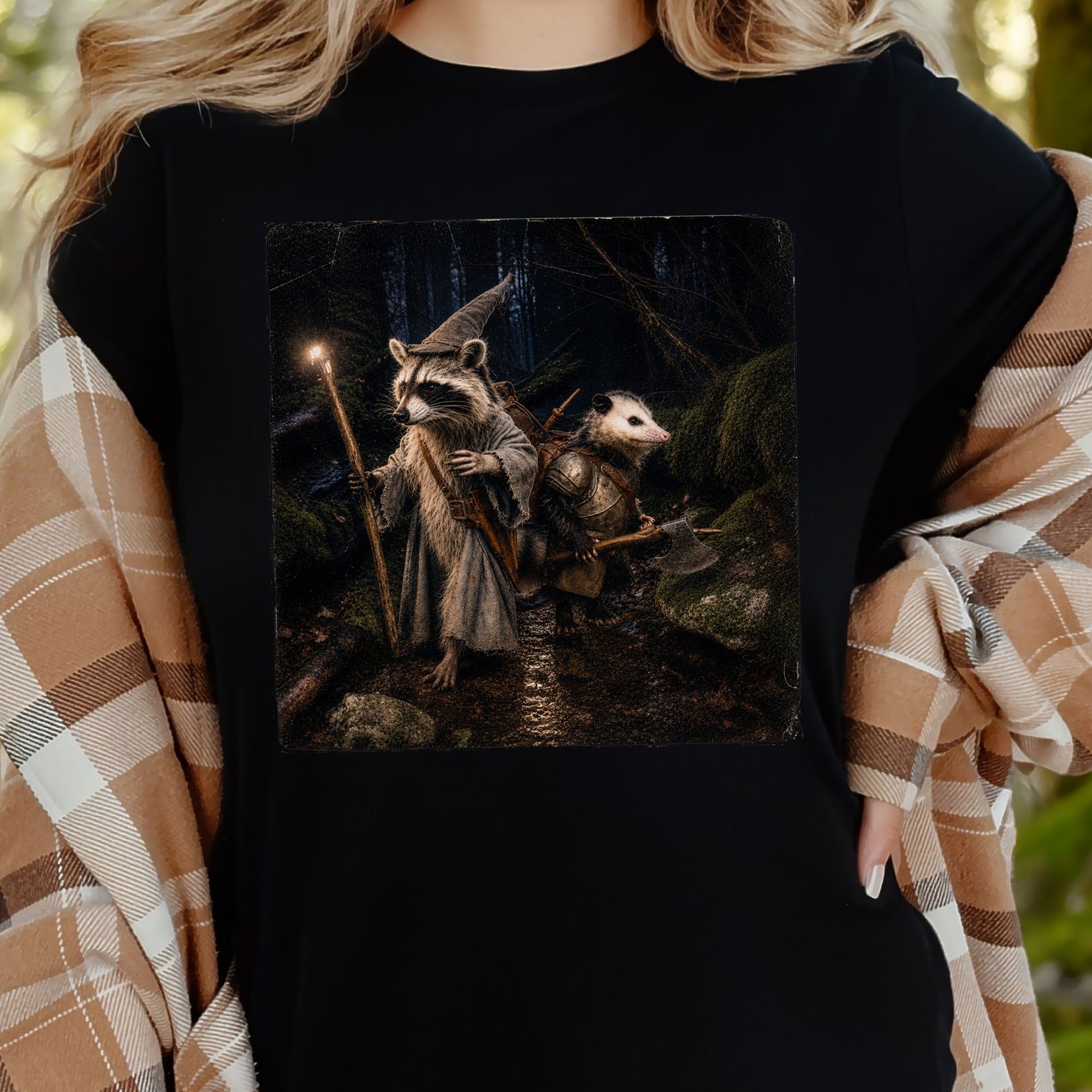 Forest Quest Wizard Raccoon Opossum Fantasy Adventure T-Shirt