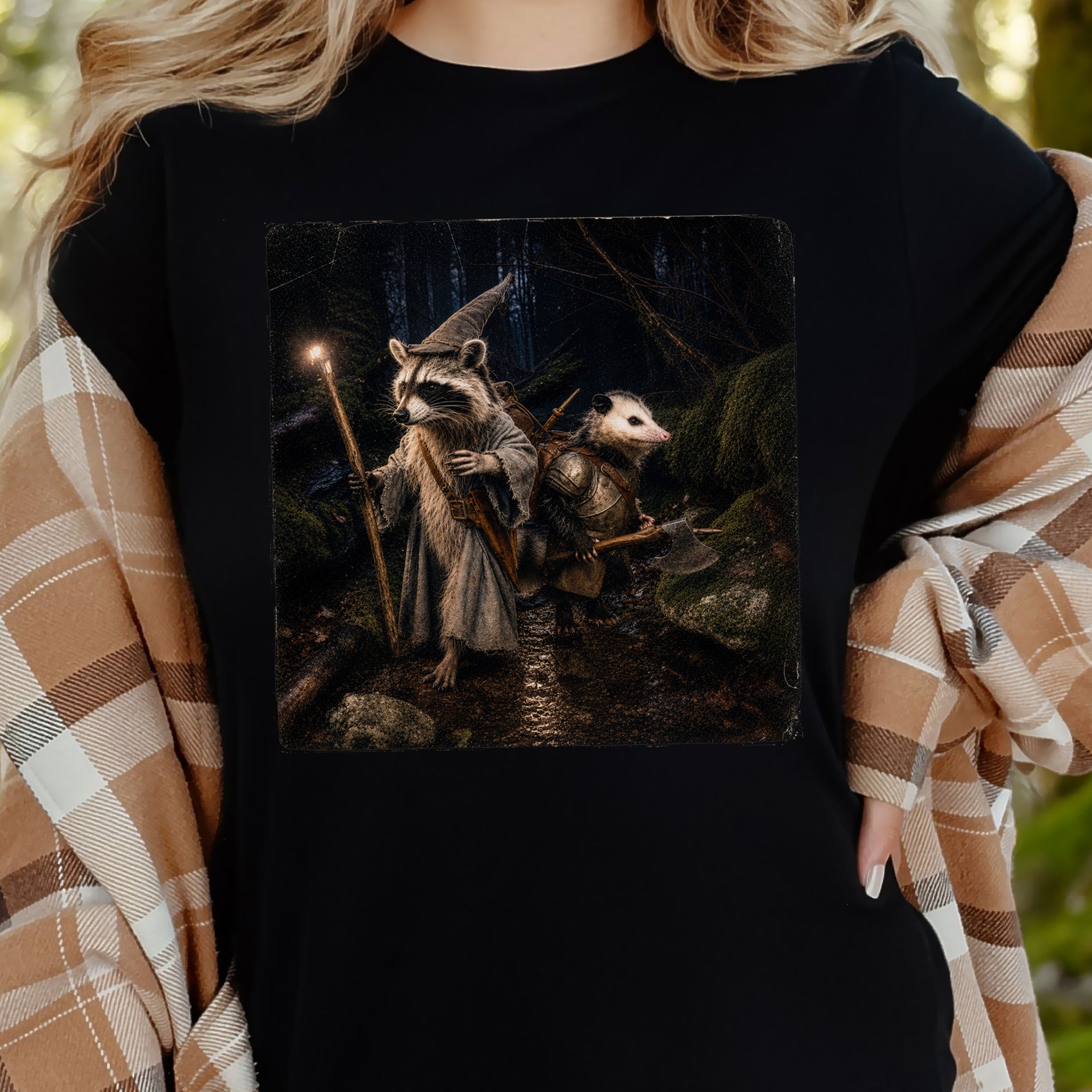 Forest Quest Wizard Raccoon Opossum Fantasy Adventure T-Shirt