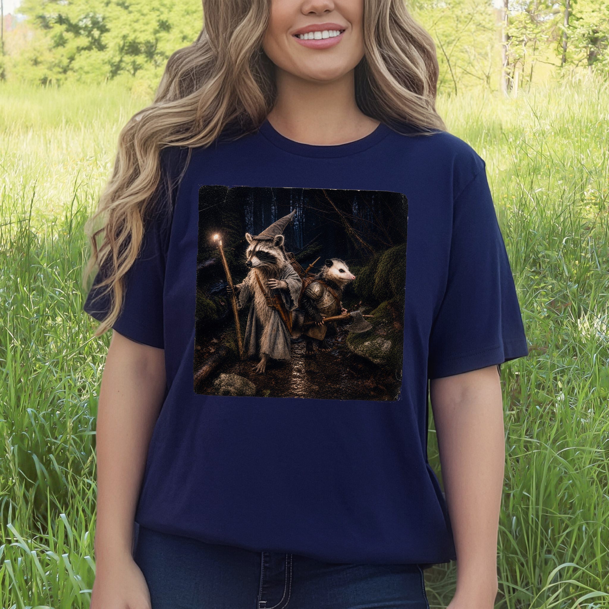 Forest Quest Wizard Raccoon Opossum Fantasy Adventure T-Shirt