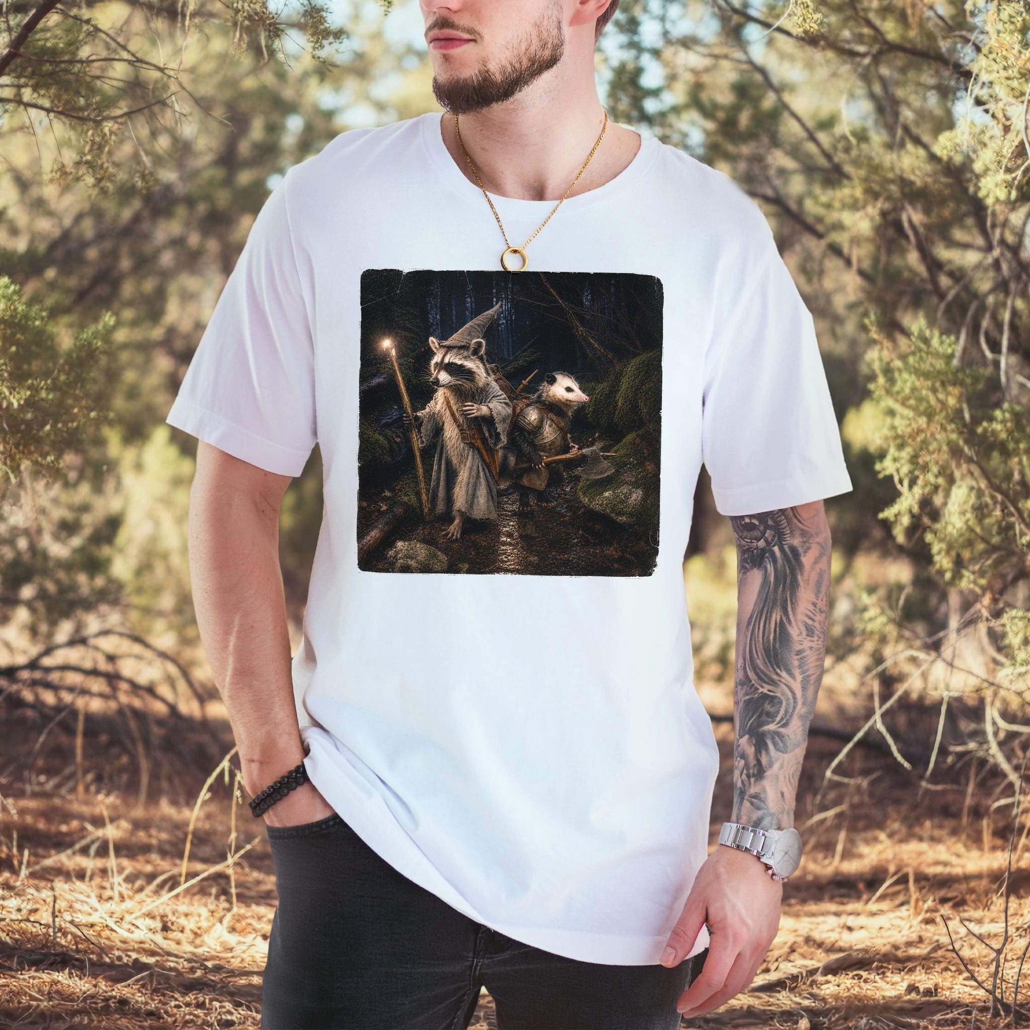 Forest Quest Wizard Raccoon Opossum Fantasy Adventure T-Shirt