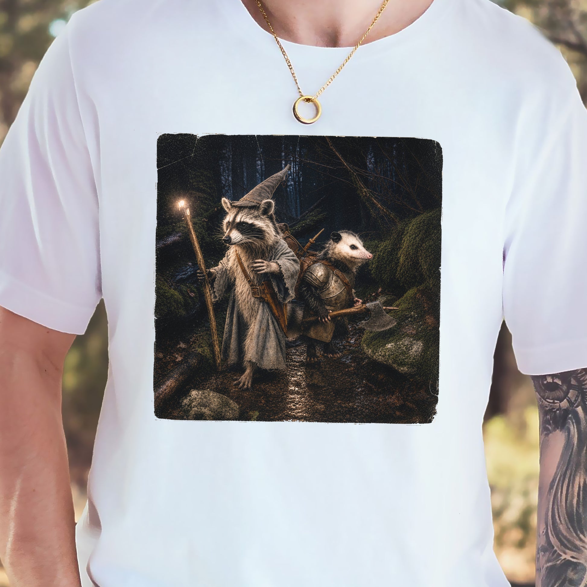 Forest Quest Wizard Raccoon Opossum Fantasy Adventure T-Shirt