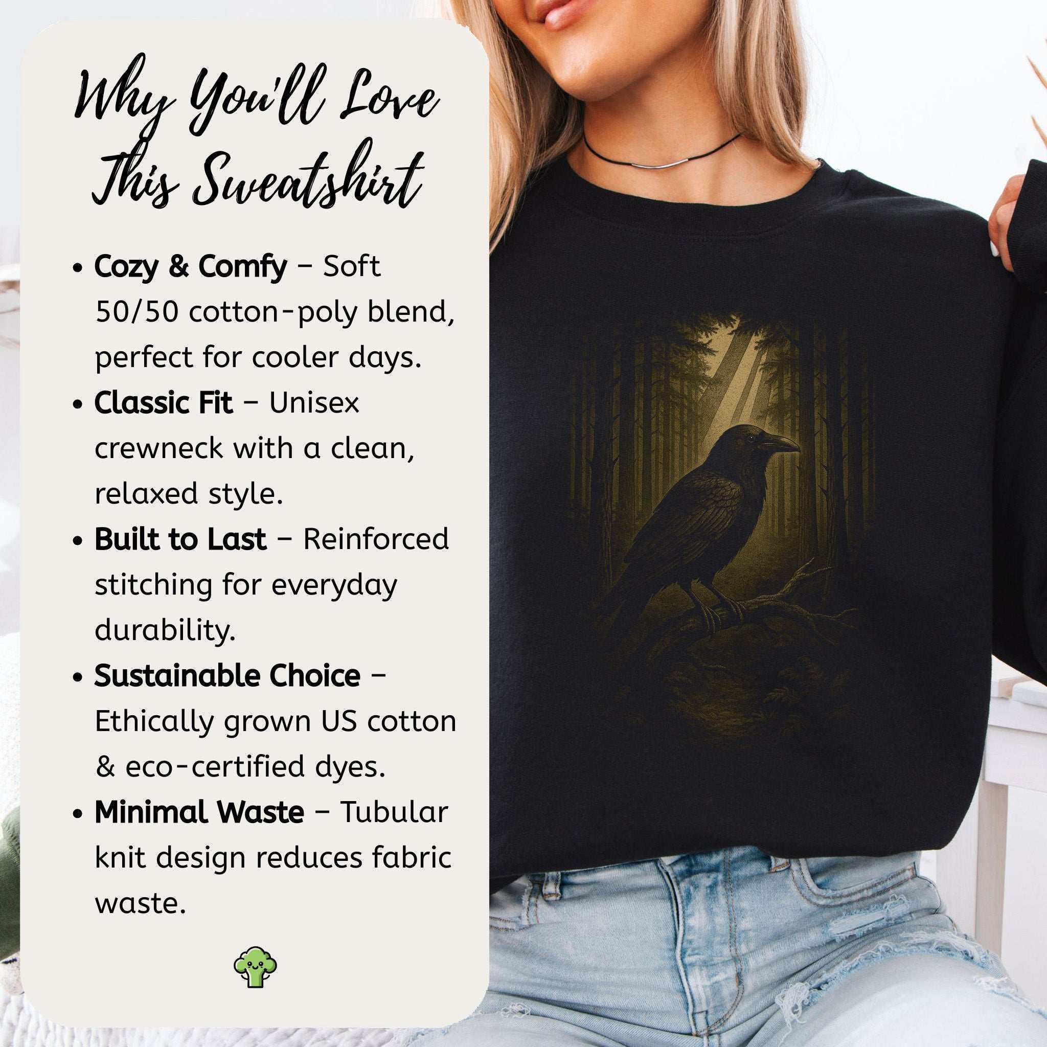 Raven Spirit Animal Sweatshirt – Gothic Forest Mystery Vibes features a raven graphic and cozy 50/50 cotton-poly blend fabric.