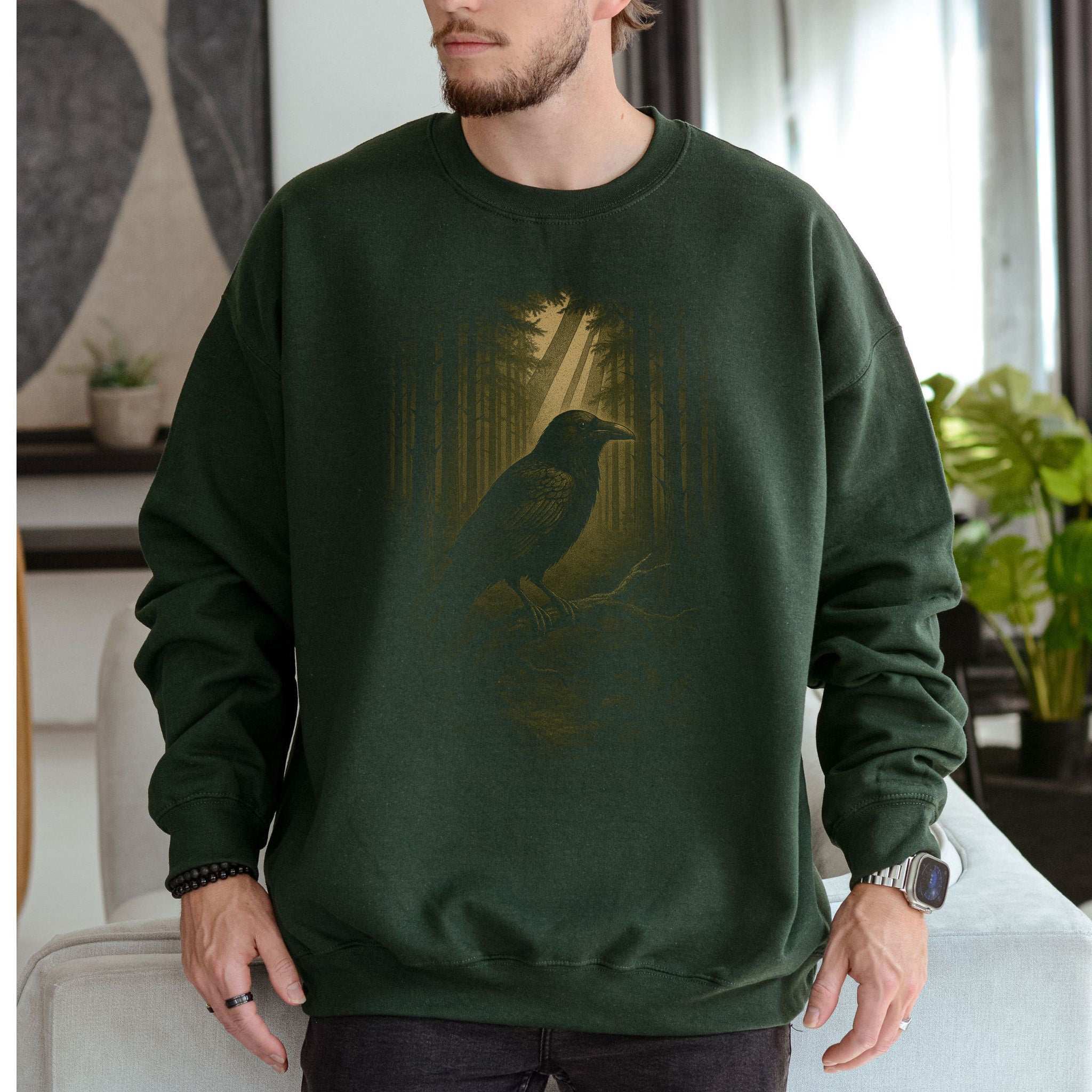 Raven Spirit Animal Sweatshirt – Gothic Forest Mystery Vibes featuring a raven in a mystical forest setting.