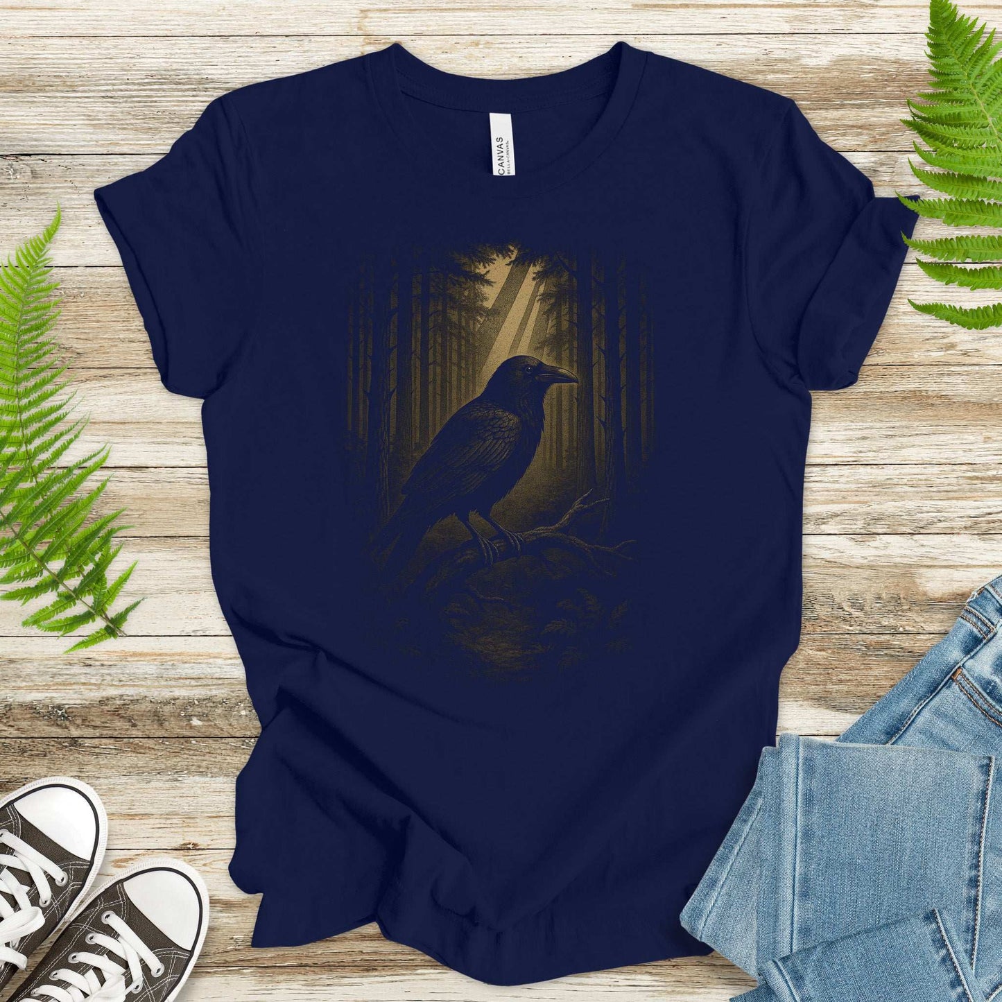 Raven Spirit Animal T-Shirt – Gothic Forest Mystery Vibes featuring a raven in a dark forest setting.