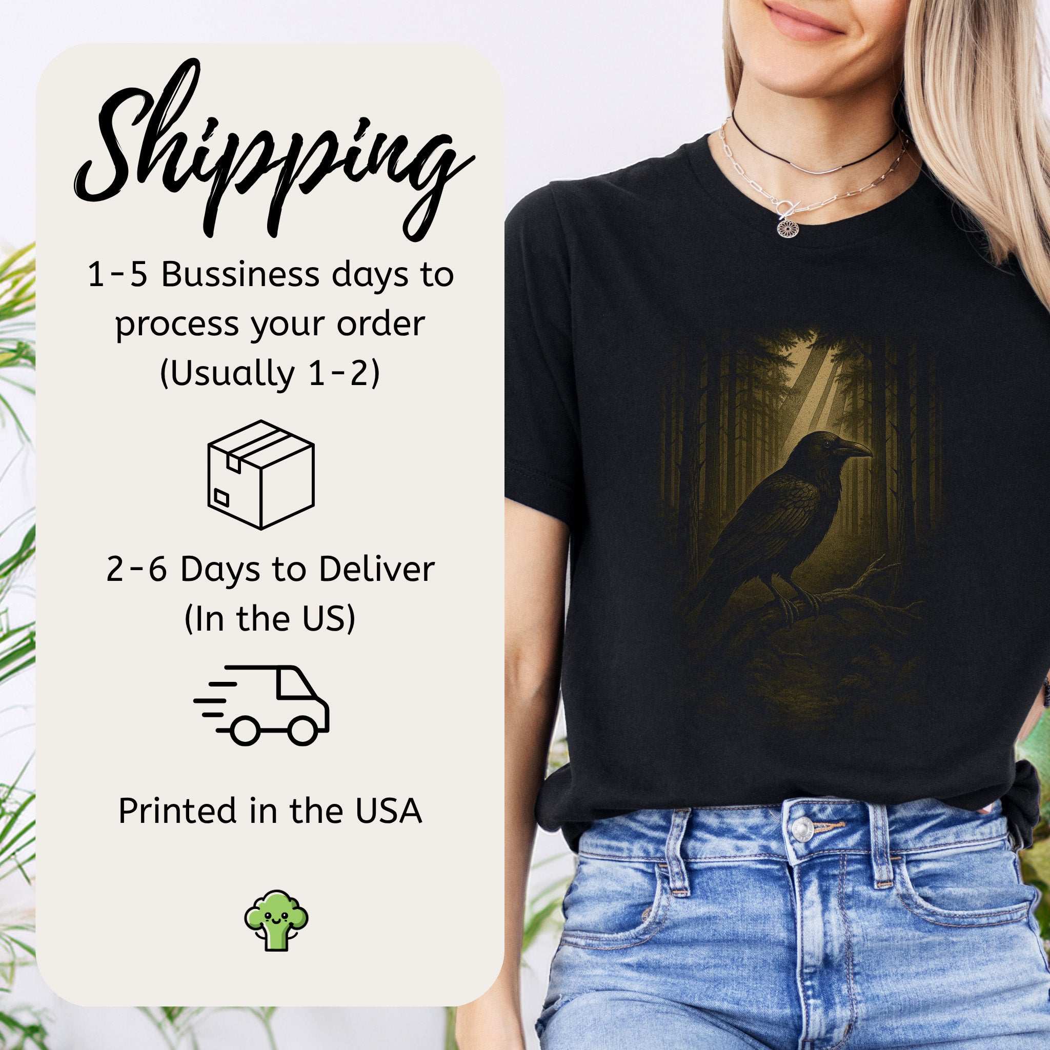 Raven Spirit Animal T-Shirt – Gothic Forest Mystery Vibes with shipping details and model wearing the tee.