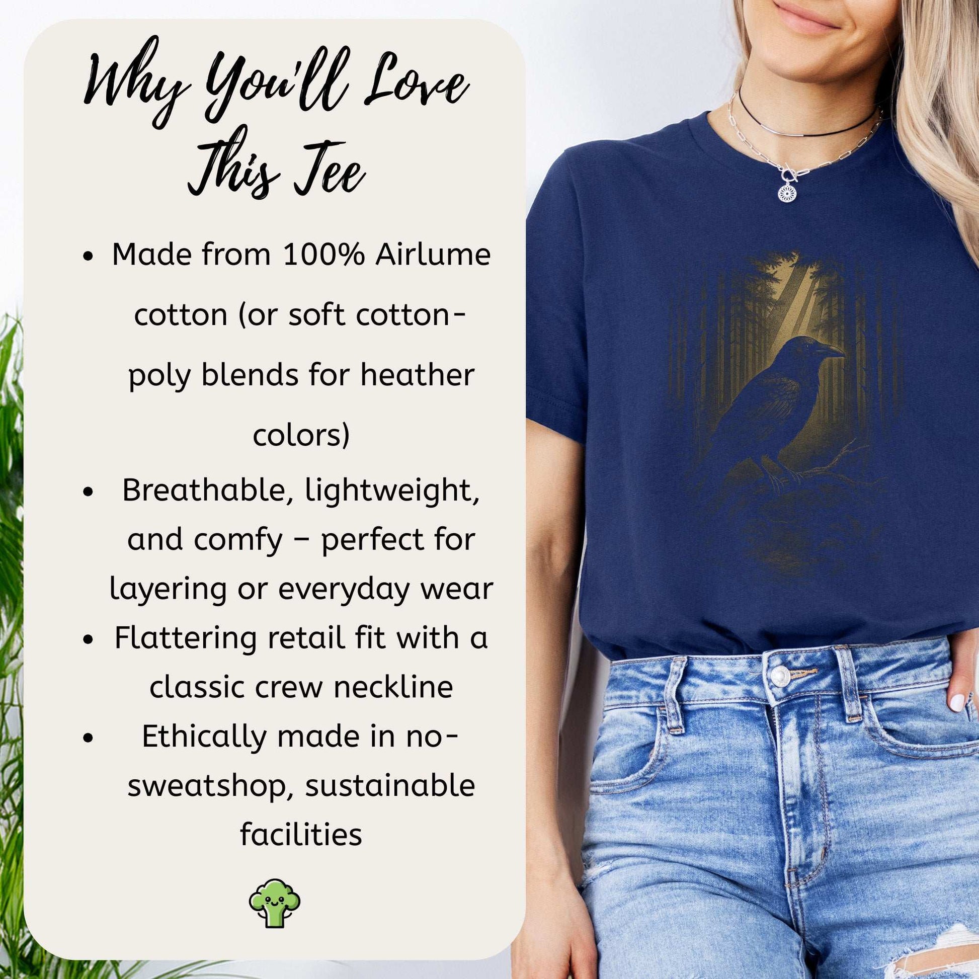 Raven Spirit Animal T-Shirt – Gothic Forest Mystery Vibes features care instructions and stylish model wearing it.