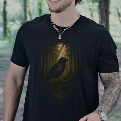 Raven Spirit Animal T-Shirt – Gothic Forest Mystery Vibes featuring a raven in a forest setting.