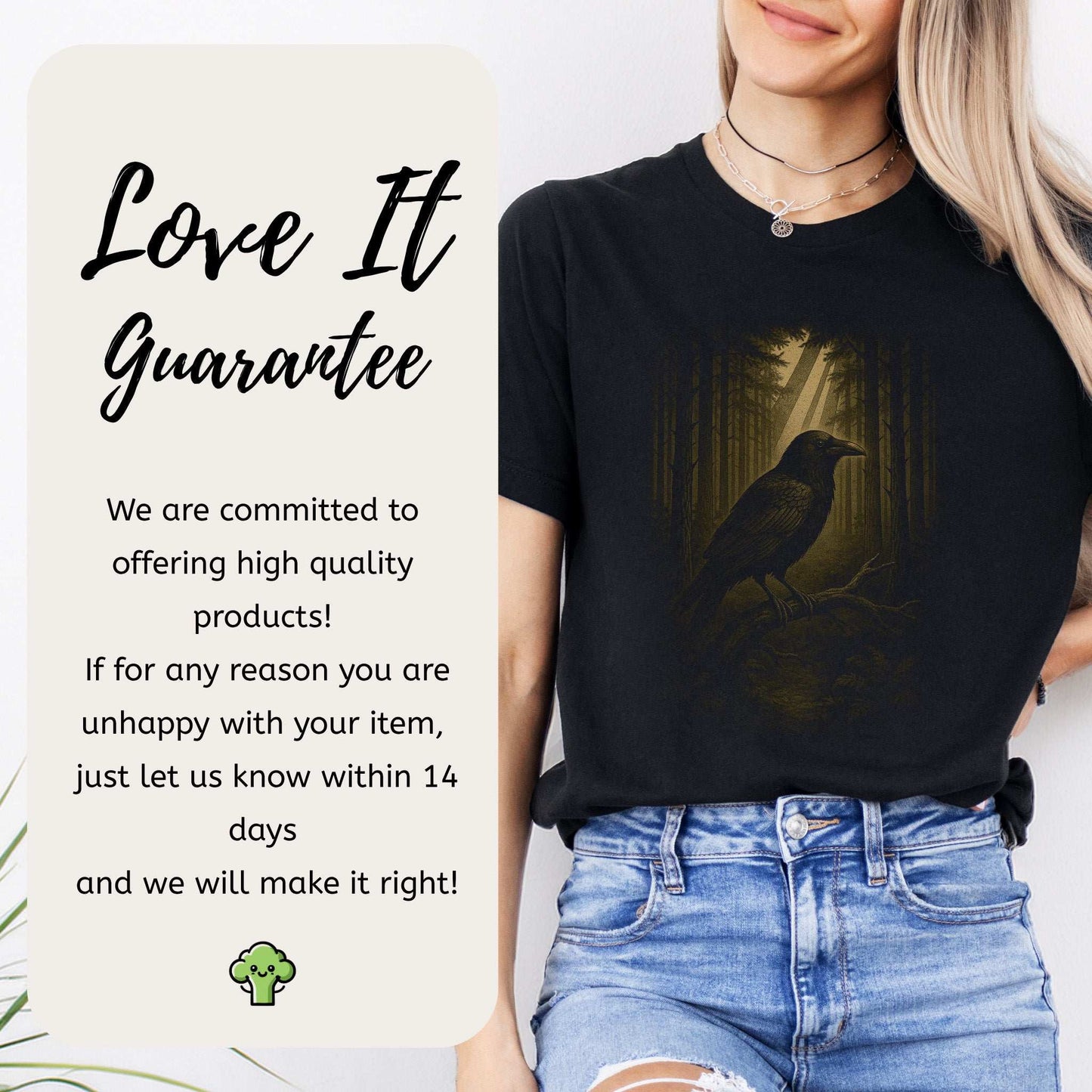 Raven Spirit Animal T-Shirt – Gothic Forest Mystery Vibes with a raven perched in a misty forest setting.