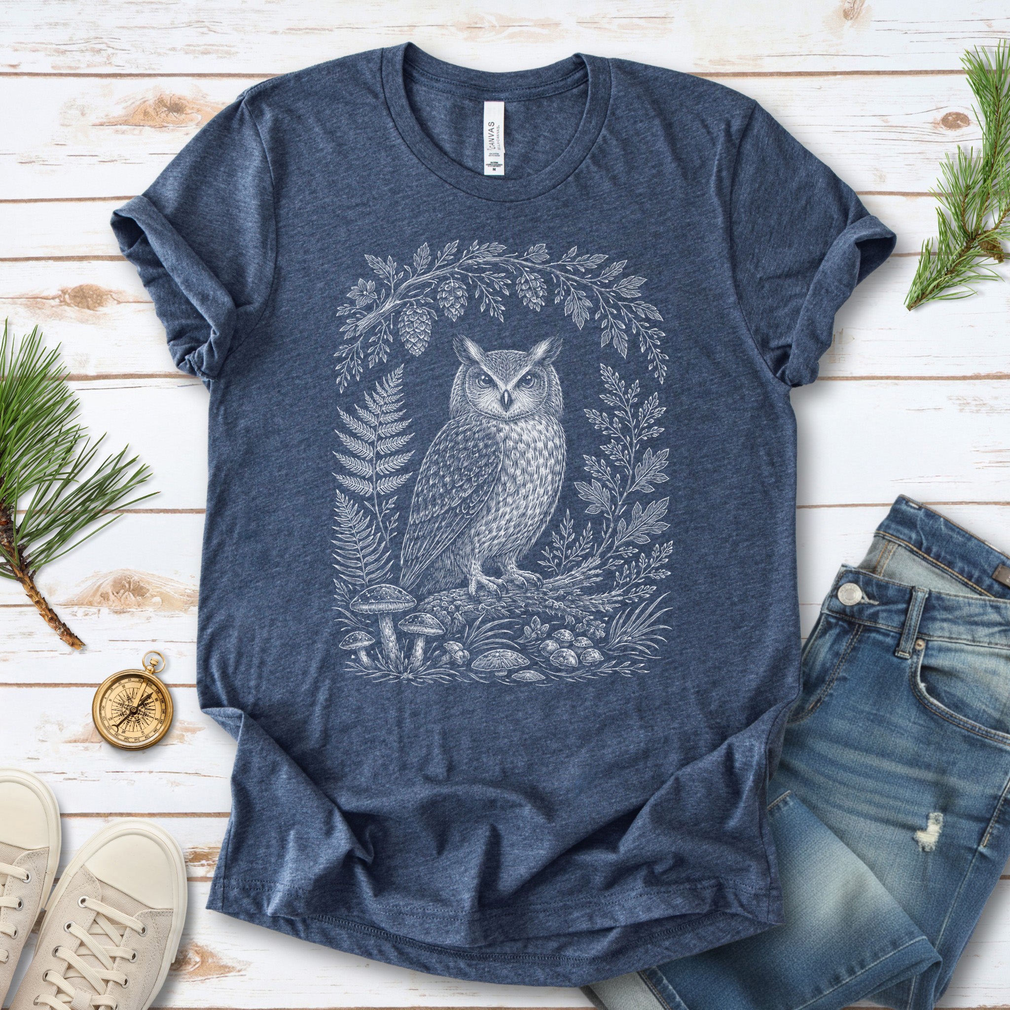 Owl Forest Sentinel Botanical Folk Art T-Shirt