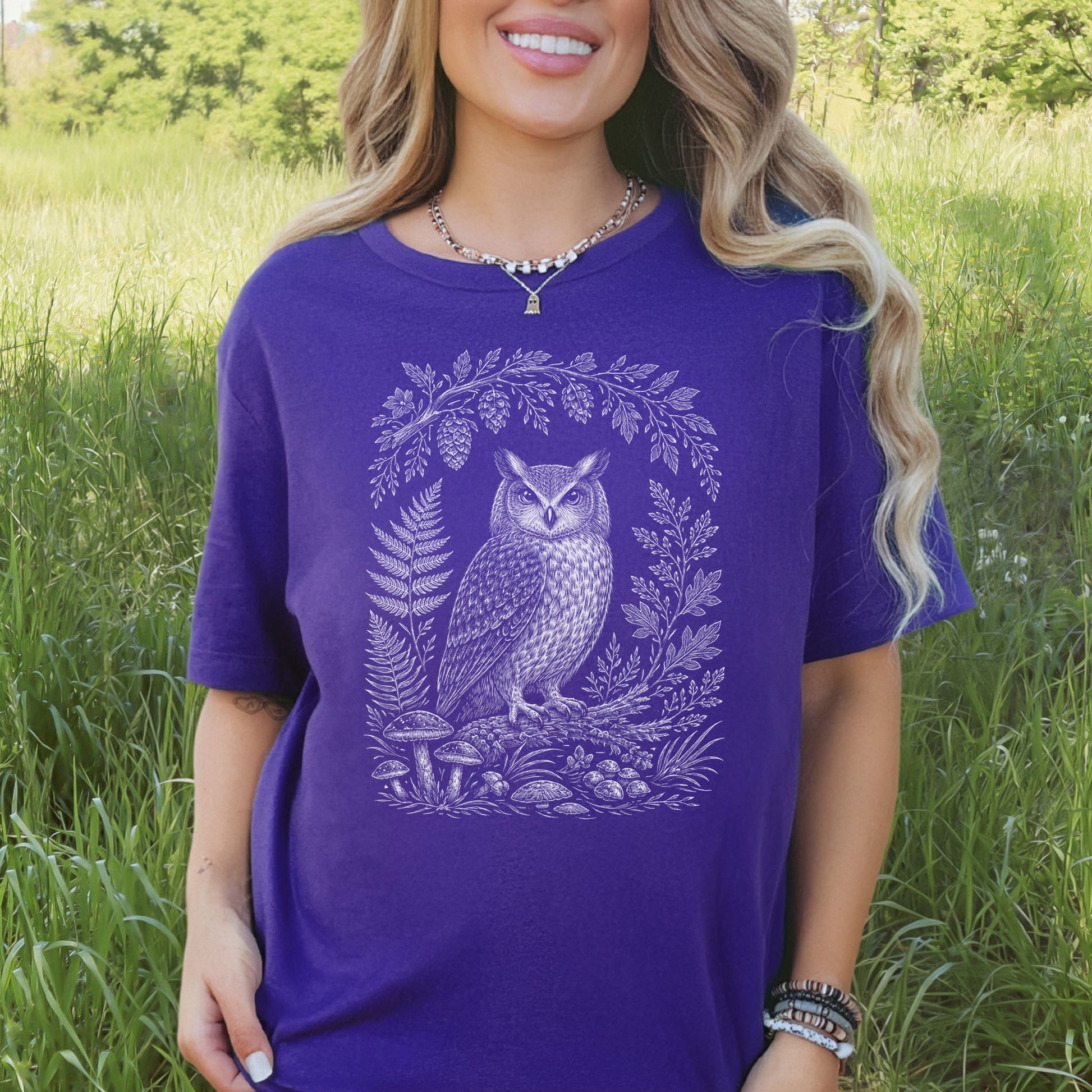 Owl Forest Sentinel Botanical Folk Art T-Shirt