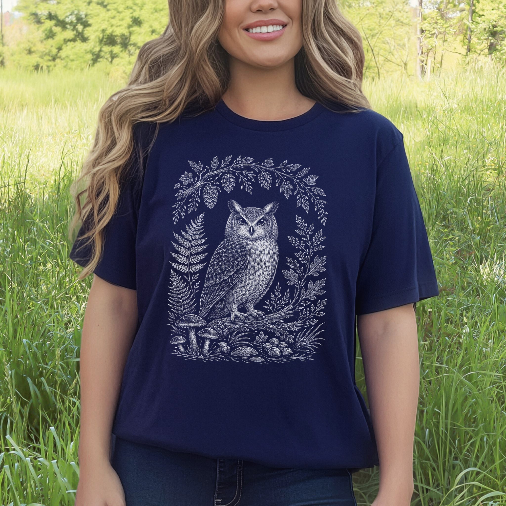 Owl Forest Sentinel Botanical Folk Art T-Shirt