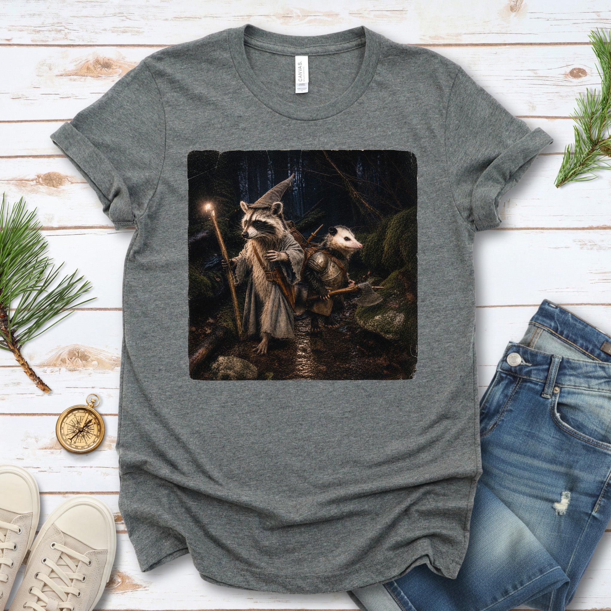 Forest Quest Wizard Raccoon Opossum Fantasy Adventure T-Shirt