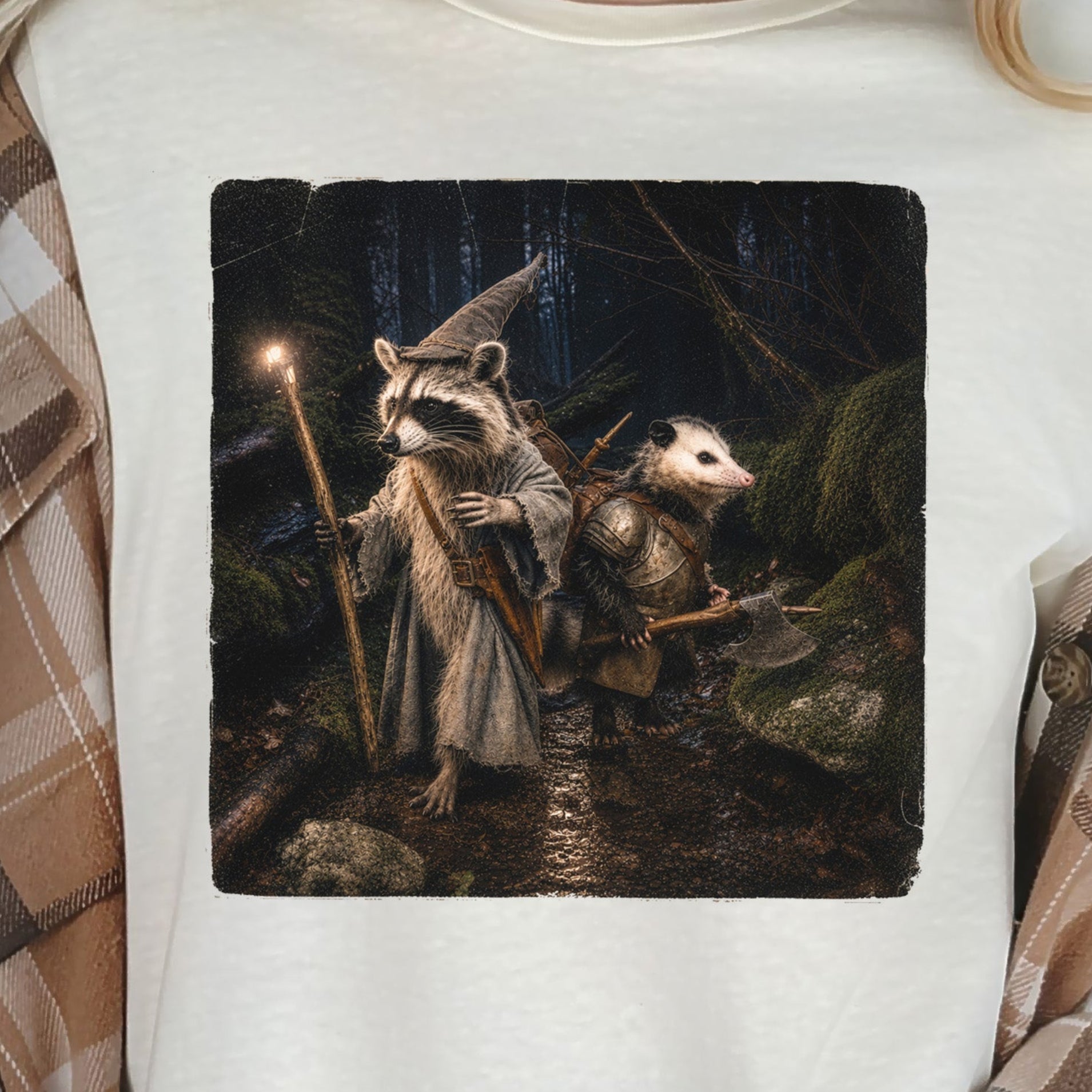 Forest Quest Wizard Raccoon Opossum Fantasy Adventure T-Shirt