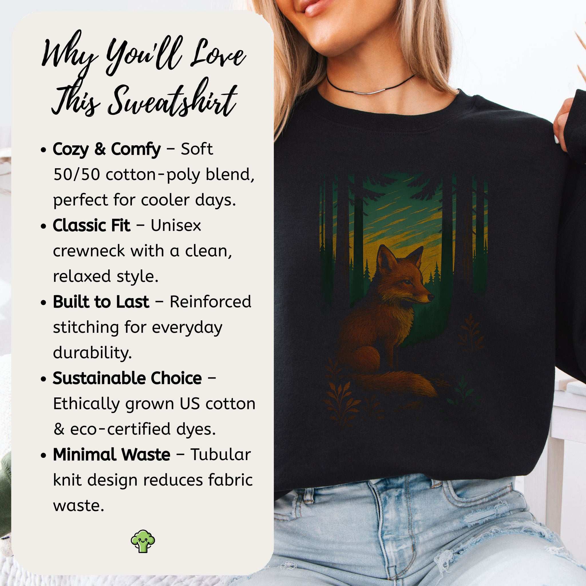Fox Spirit Animal Sweatshirt – Enchanted Forest Twilight Vibes showcasing cozy design with fox in forest setting.