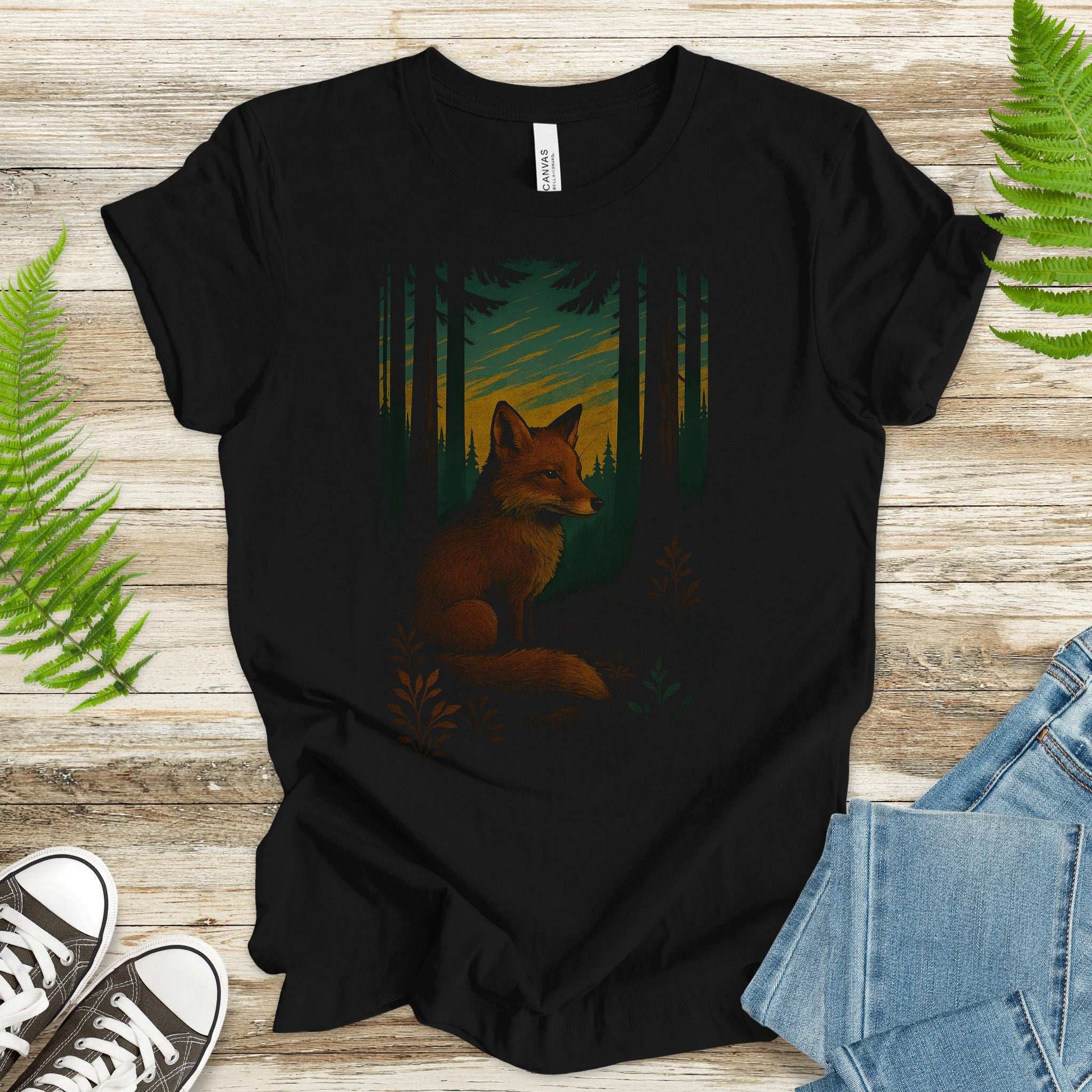 Fox Spirit Animal T-Shirt – Enchanted Forest Twilight Vibes with a fox illustration in a forest setting.