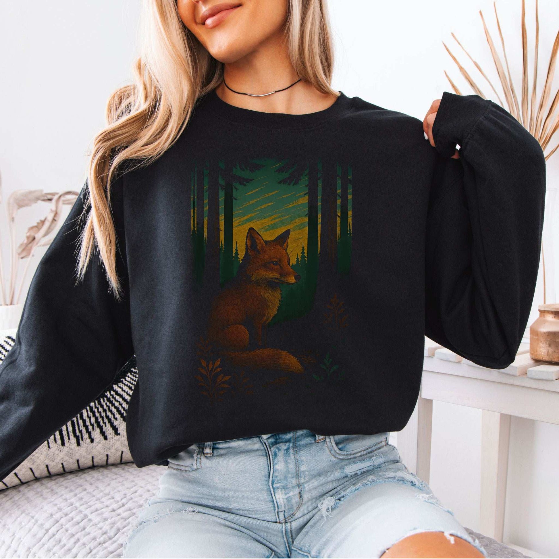 Fox Spirit Animal Sweatshirt – Enchanted Forest Twilight Vibes featuring a fox design in a forest setting.