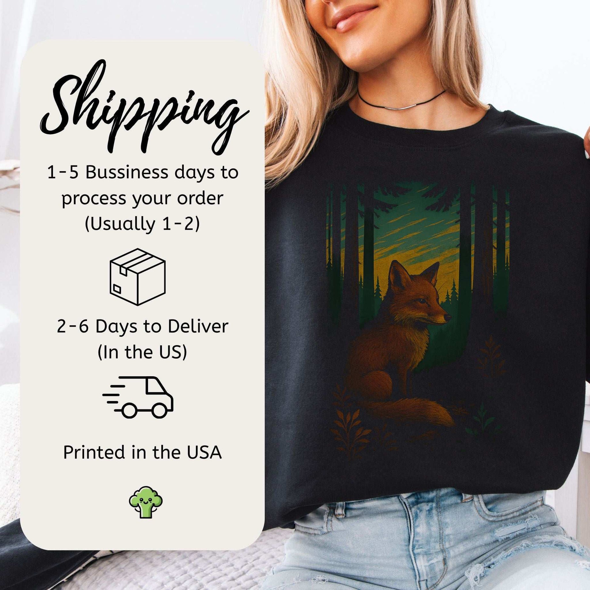 Fox Spirit Animal Sweatshirt – Enchanted Forest Twilight Vibes with shipping details and forest backdrop