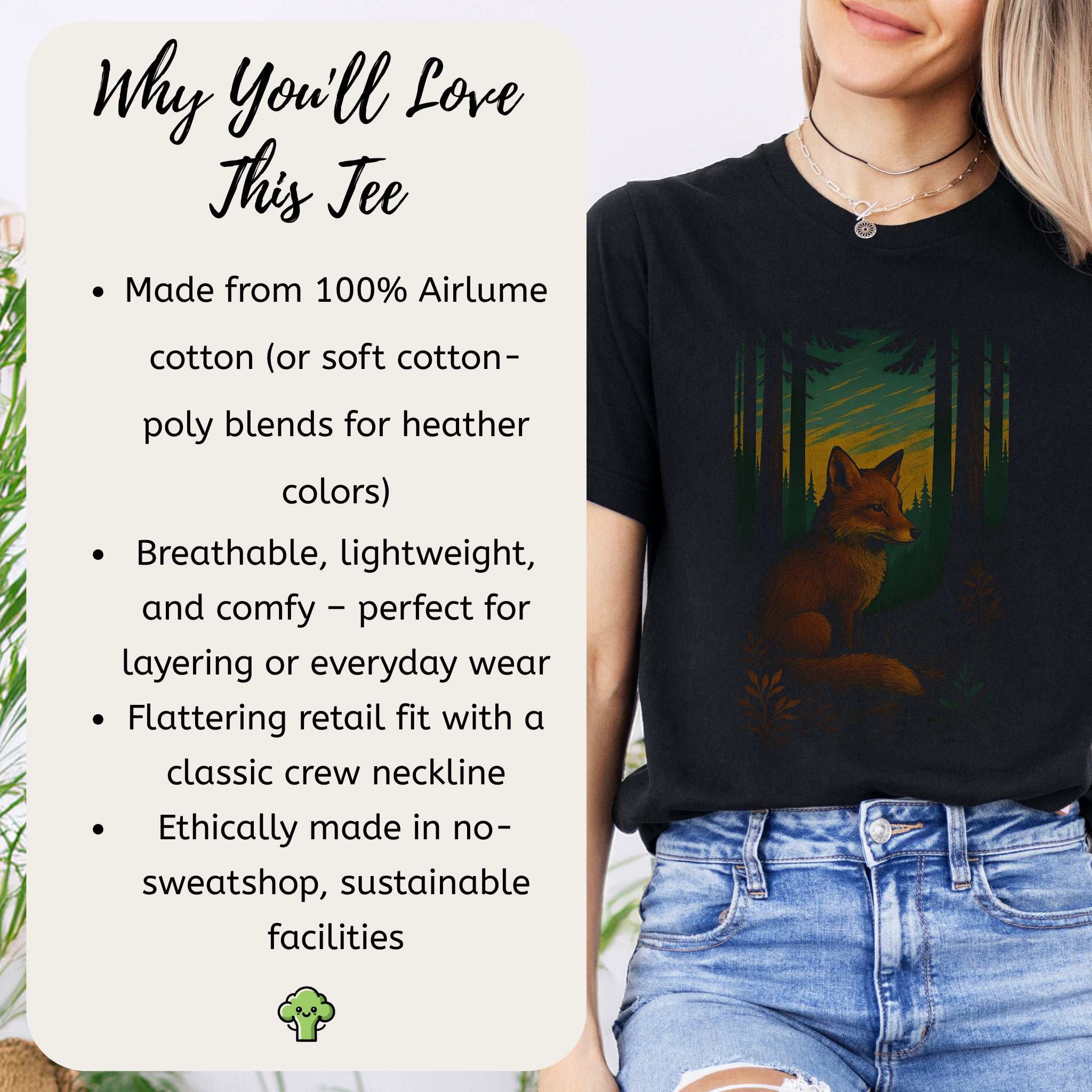 Fox Spirit Animal T-Shirt – Enchanted Forest Twilight Vibes features a fox in a forest setting, highlighting its cozy and breathable fabric.