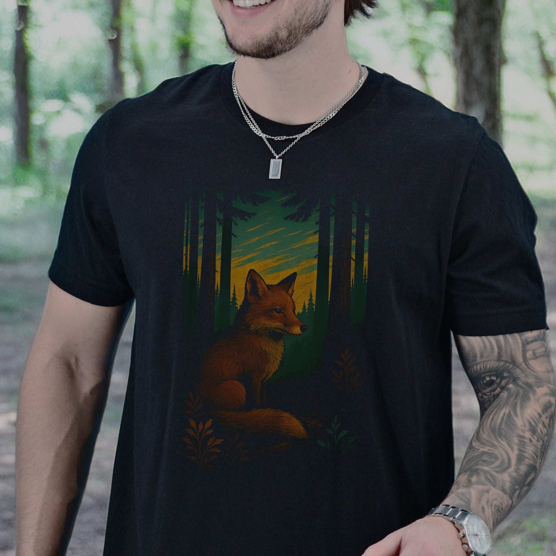 Fox Spirit Animal T-Shirt – Enchanted Forest Twilight Vibes design featuring a fox in a forest.