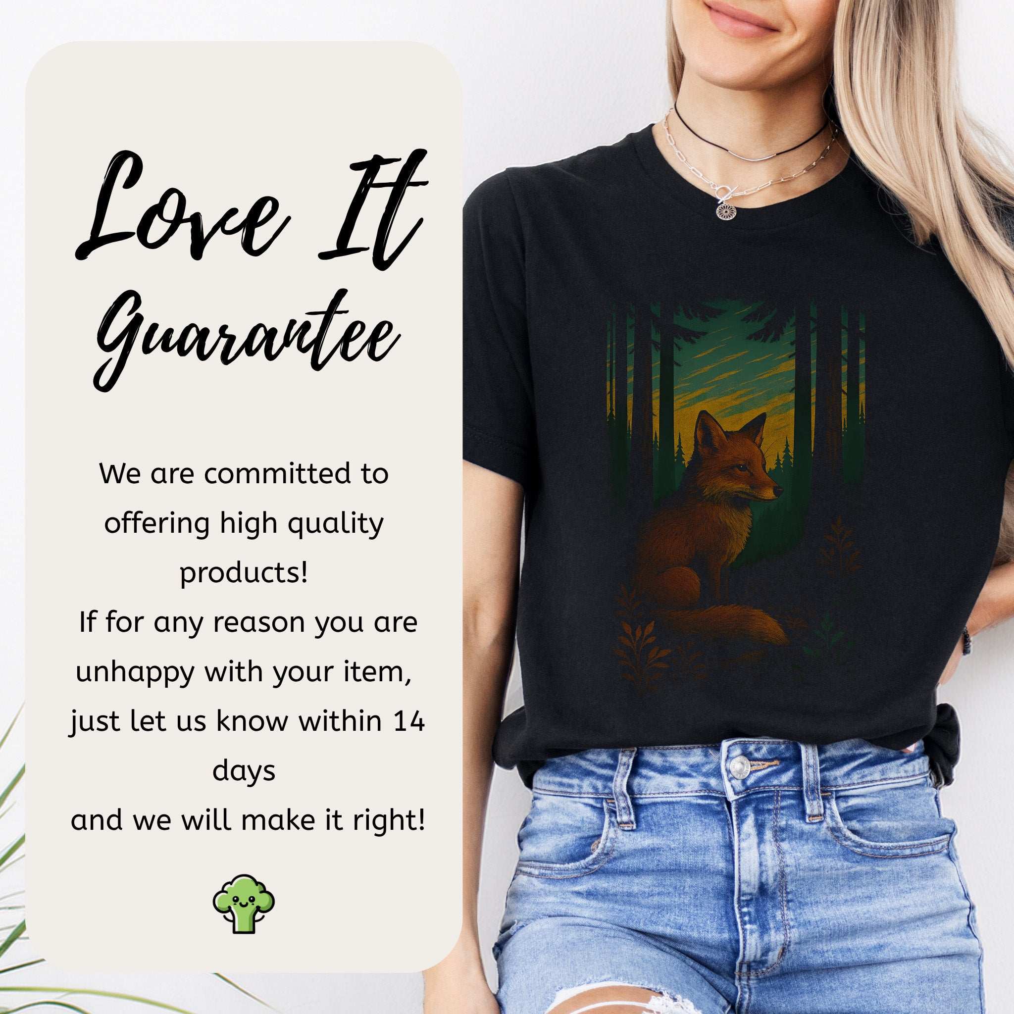 Fox Spirit Animal T-Shirt – Enchanted Forest Twilight Vibes displayed on a model with a forest background.