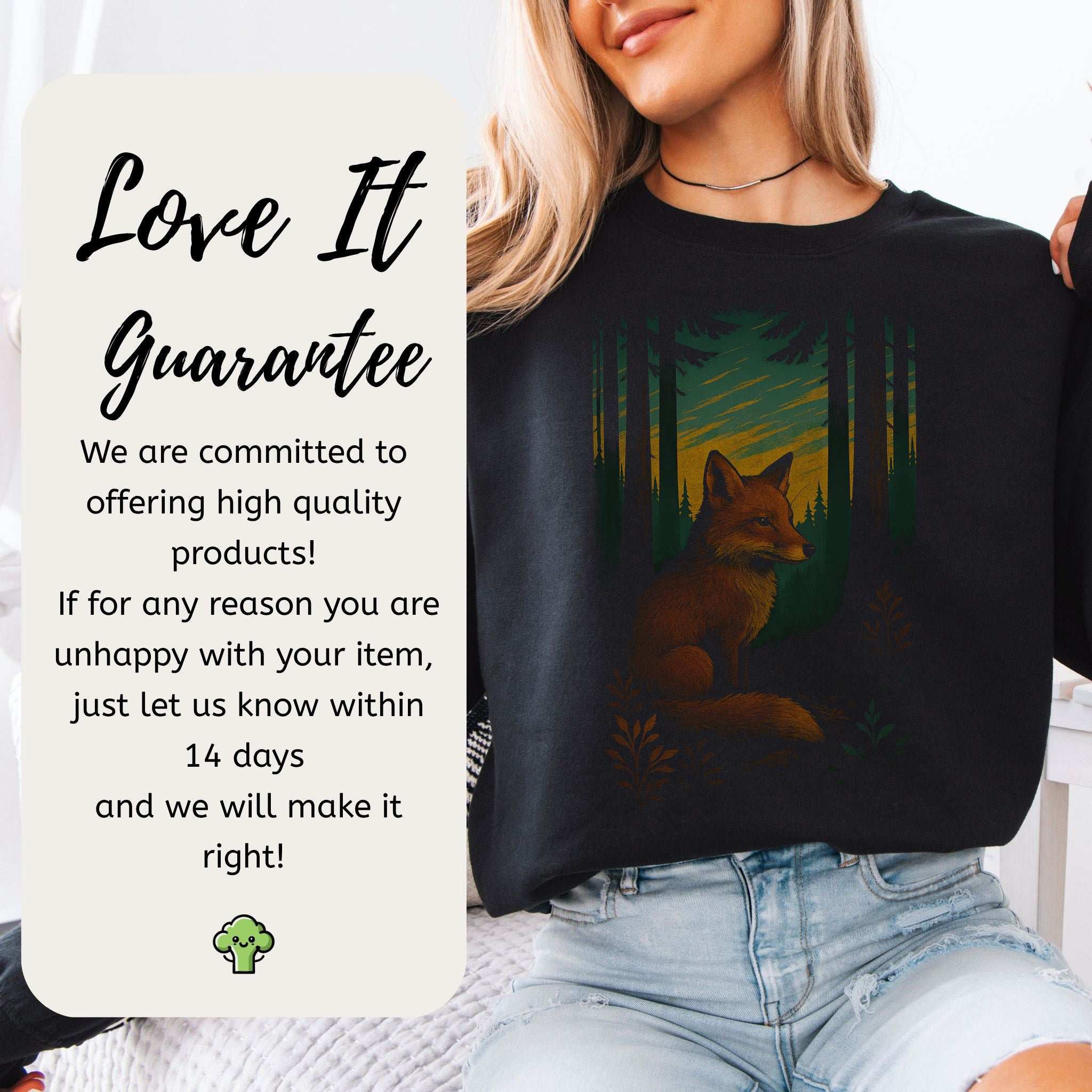 Fox Spirit Animal Sweatshirt – Enchanted Forest Twilight Vibes displayed on a smiling woman in a forest setting.