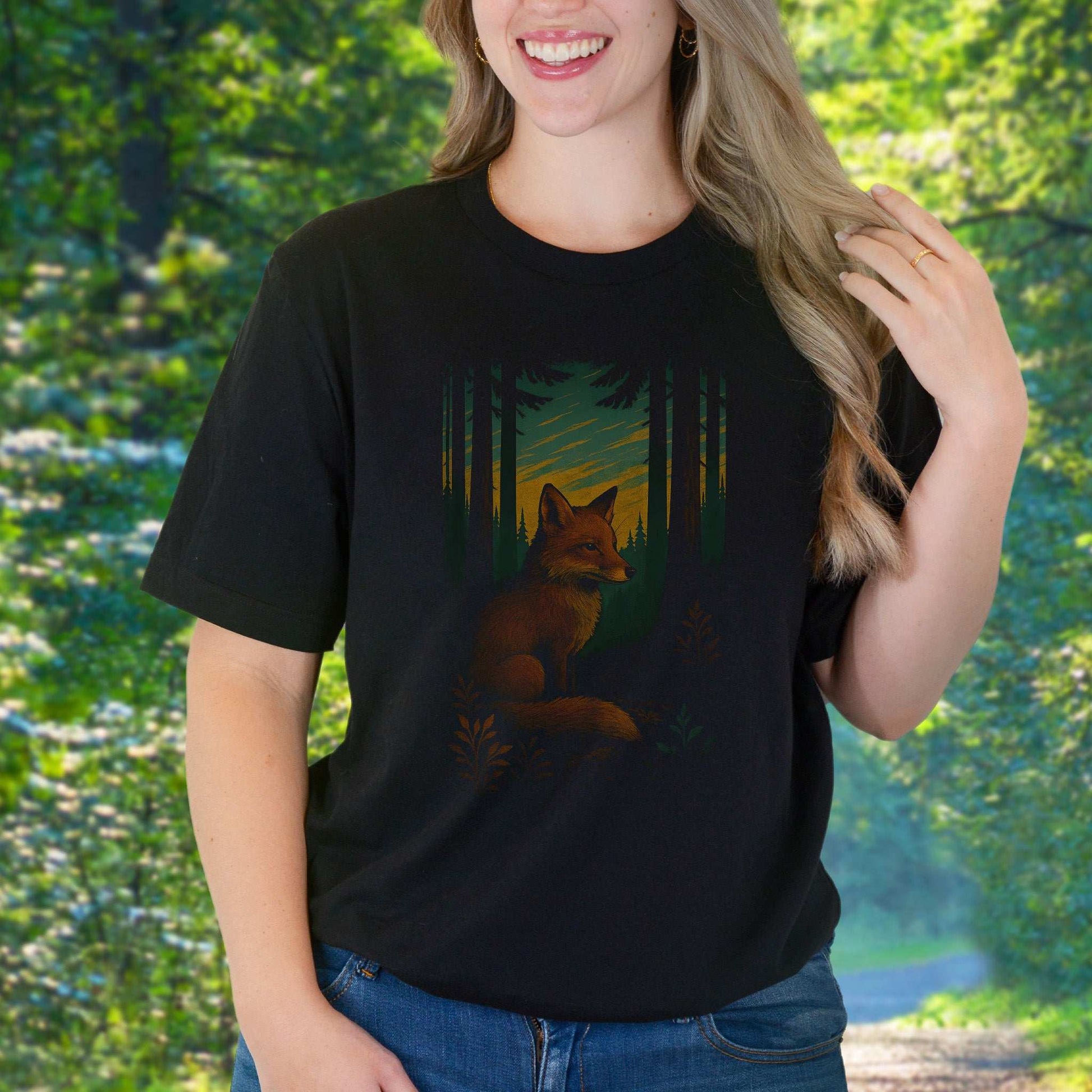 Fox Spirit Animal T-Shirt – Enchanted Forest Twilight Vibes worn by a model in a forest setting.