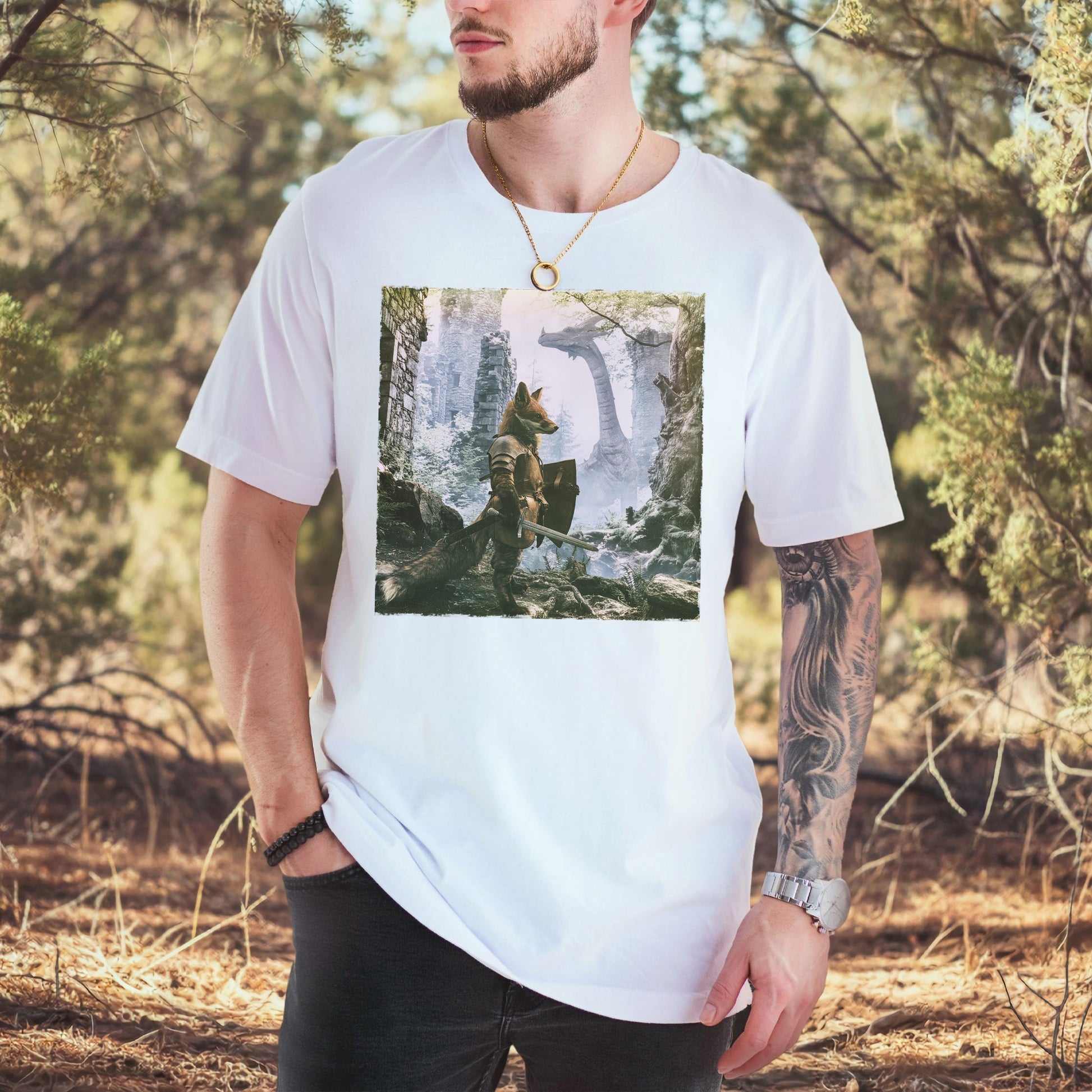 Fox Knight Fantasy Ranger Dragon Quest Woodland Adventure T-Shirt