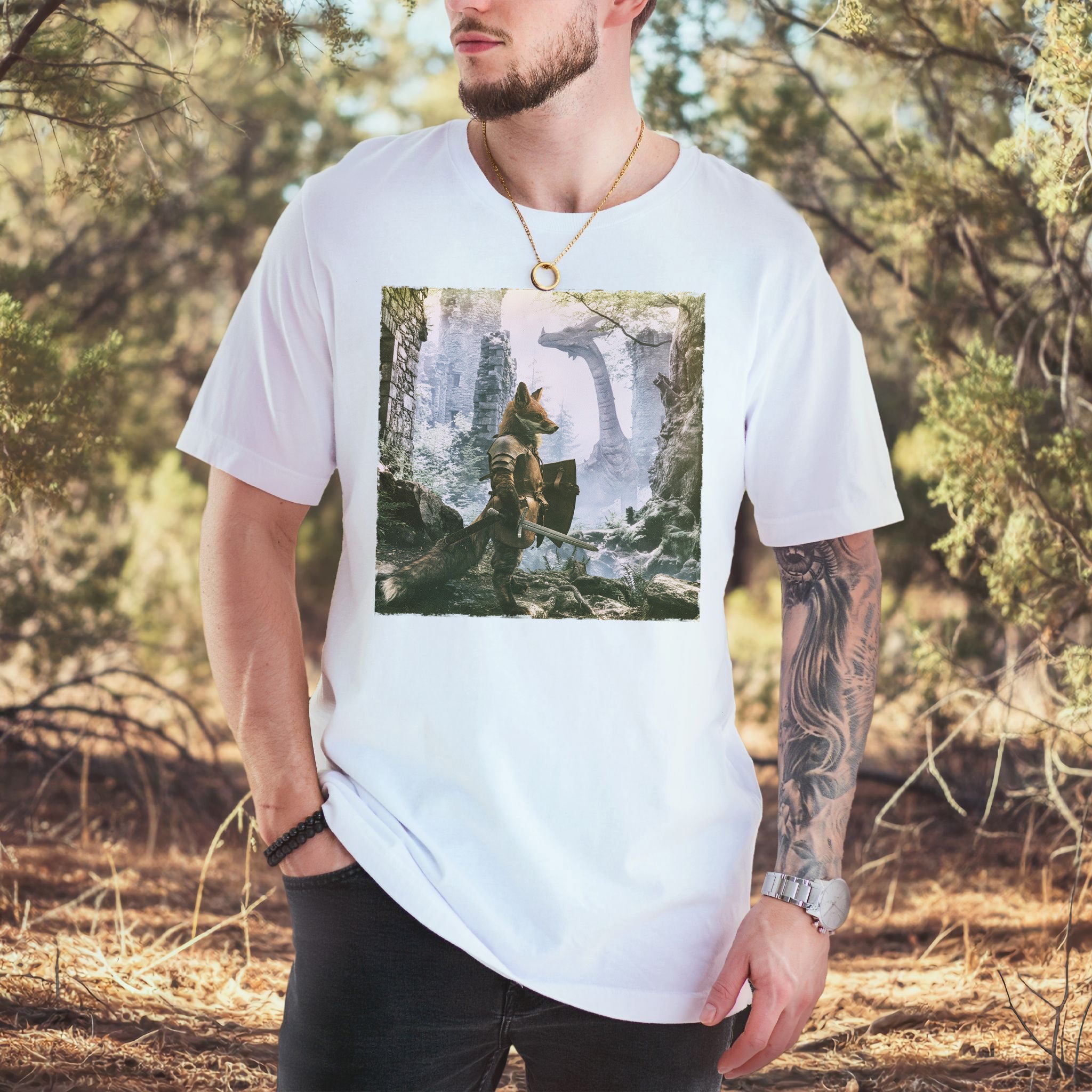 Fox Knight Fantasy Ranger Dragon Quest Woodland Adventure T-Shirt