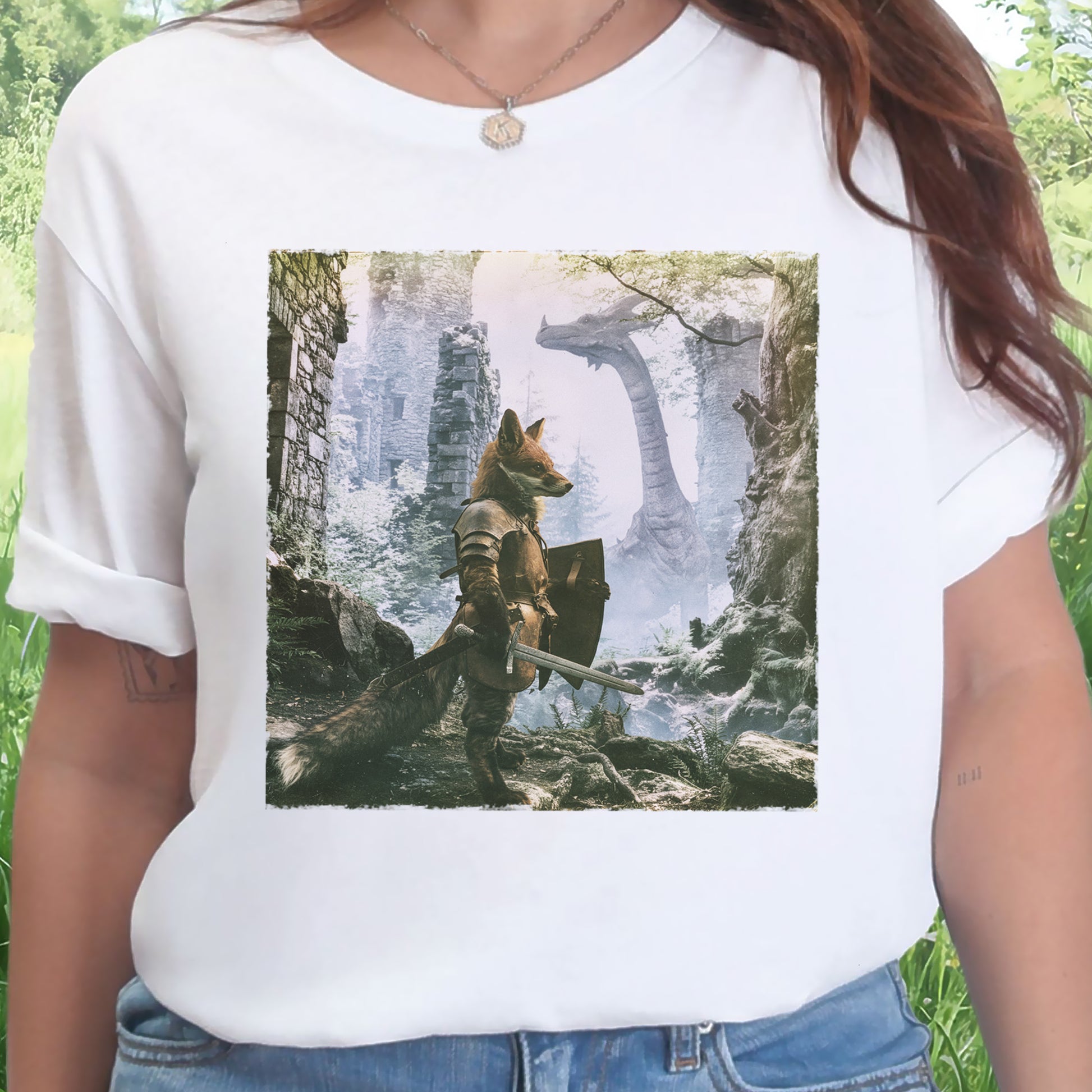Fox Knight Fantasy Ranger Dragon Quest Woodland Adventure T-Shirt