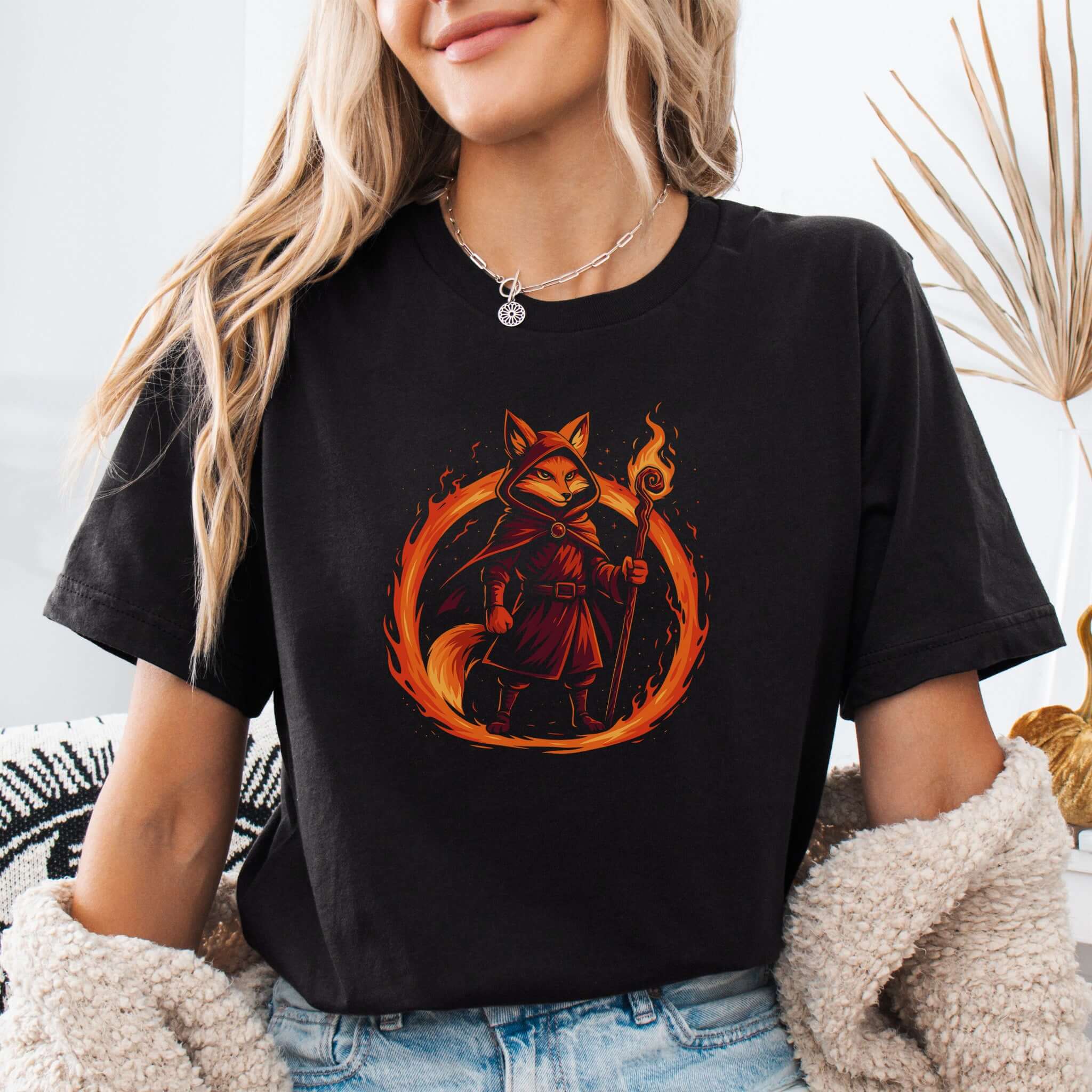 Flame Circle Fox Wizard Fantasy T-Shirt