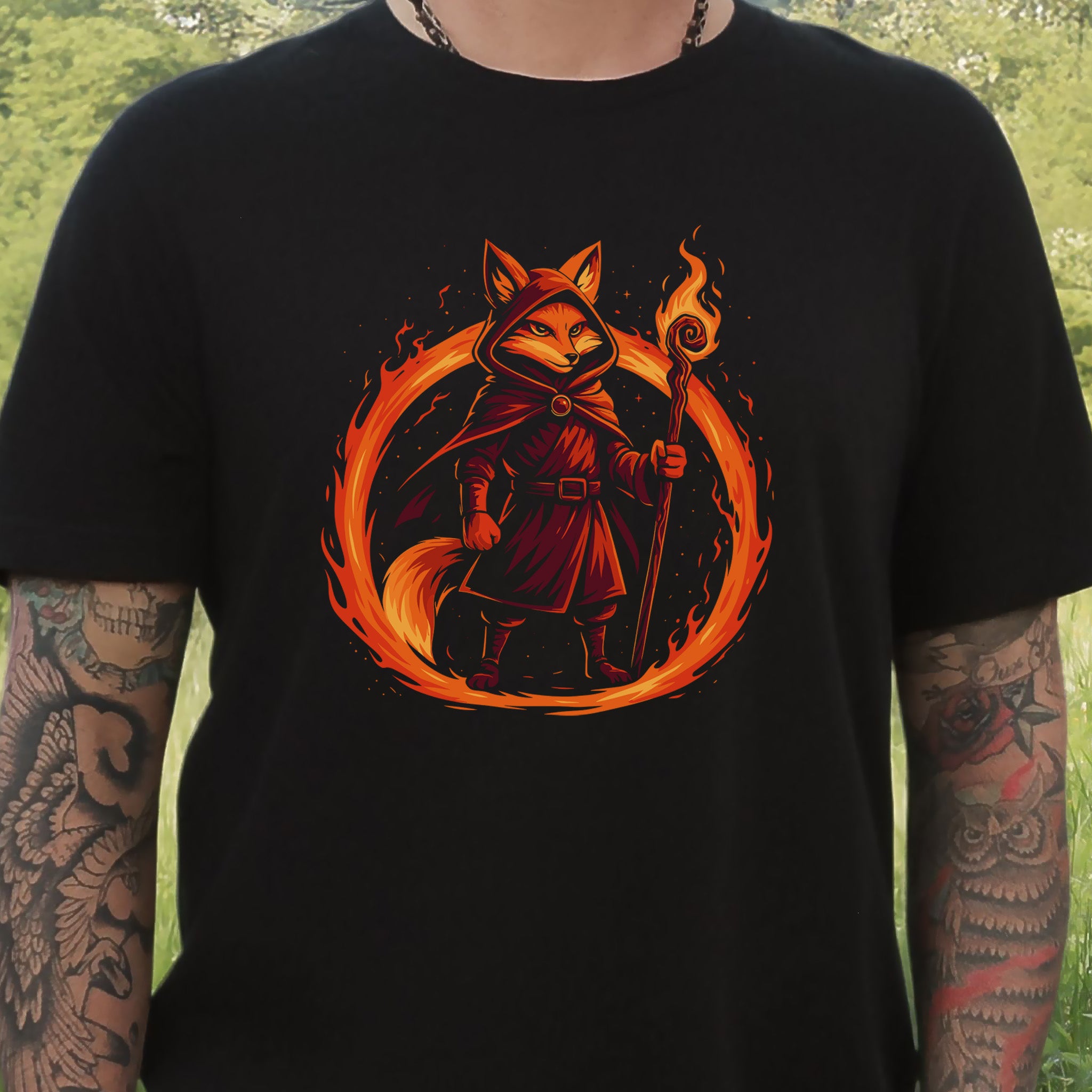 Flame Circle Fox Wizard Fantasy T-Shirt