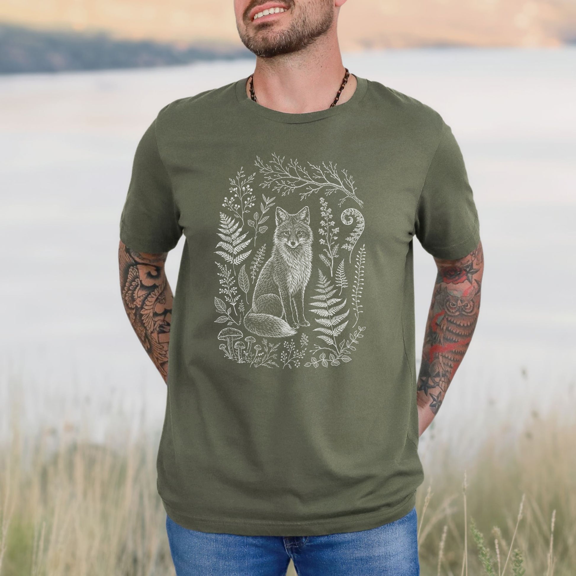 Fox and Forest Sketch Folk Art Forestcore T-Shirt