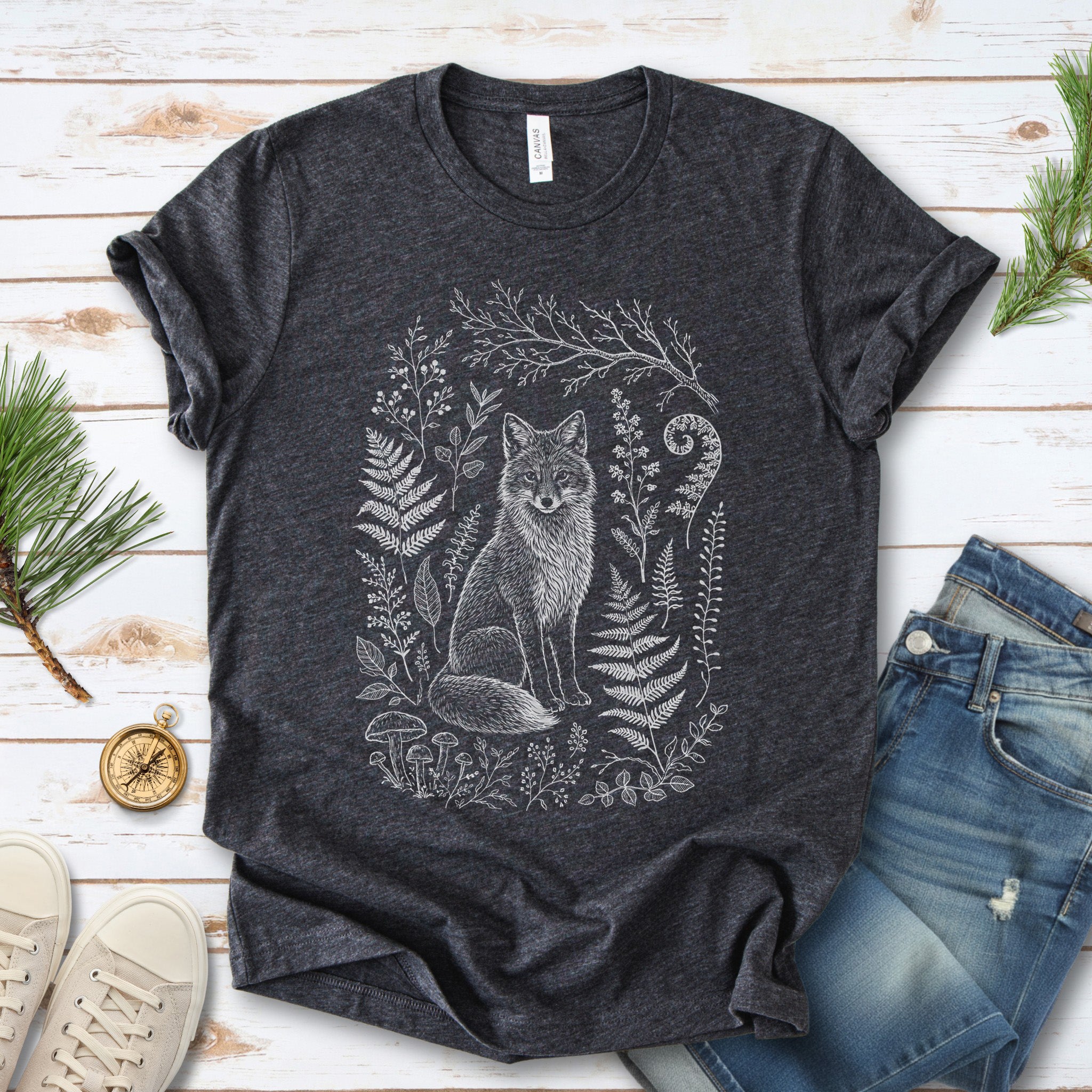 Fox and Forest Sketch Folk Art Forestcore T-Shirt
