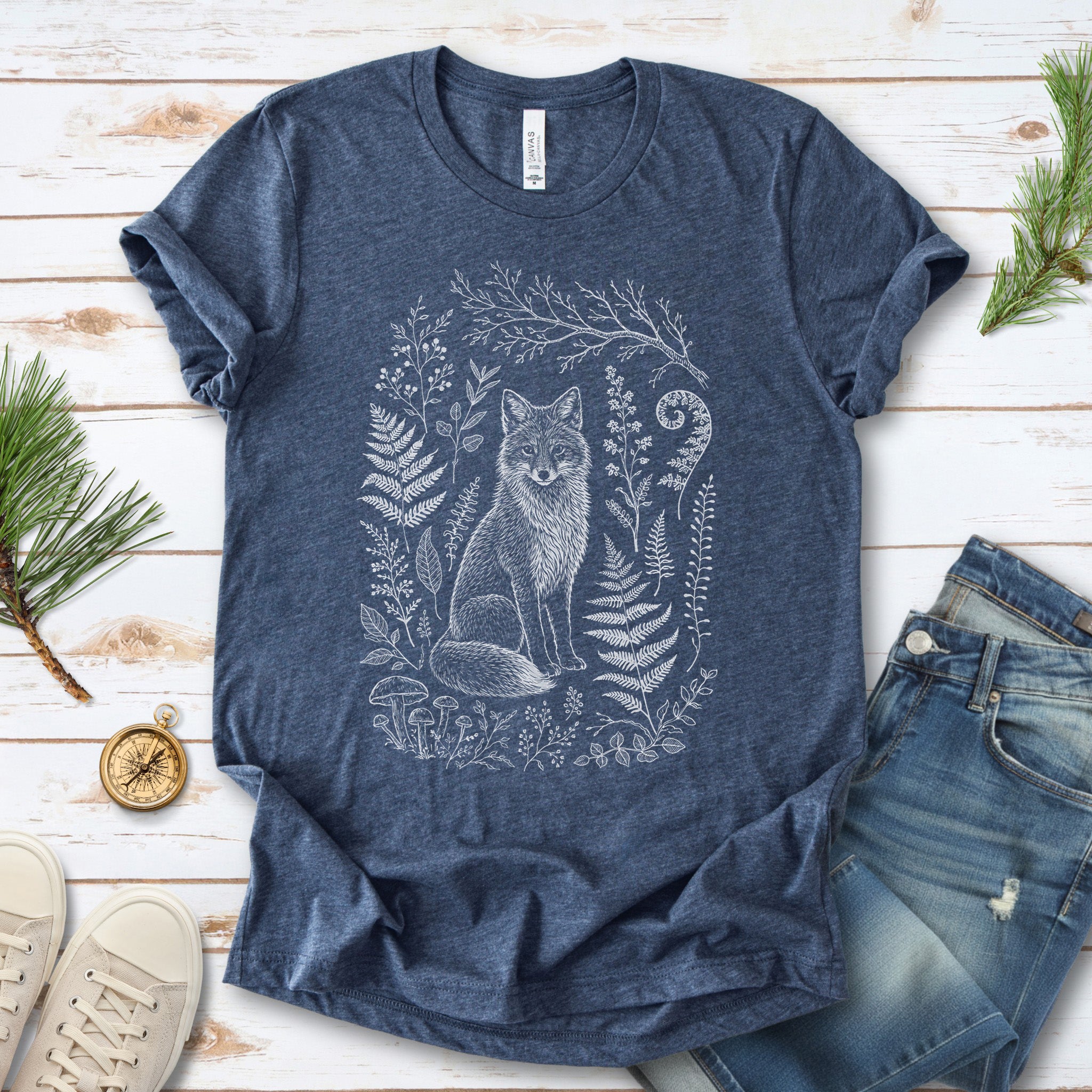 Fox and Forest Sketch Folk Art Forestcore T-Shirt