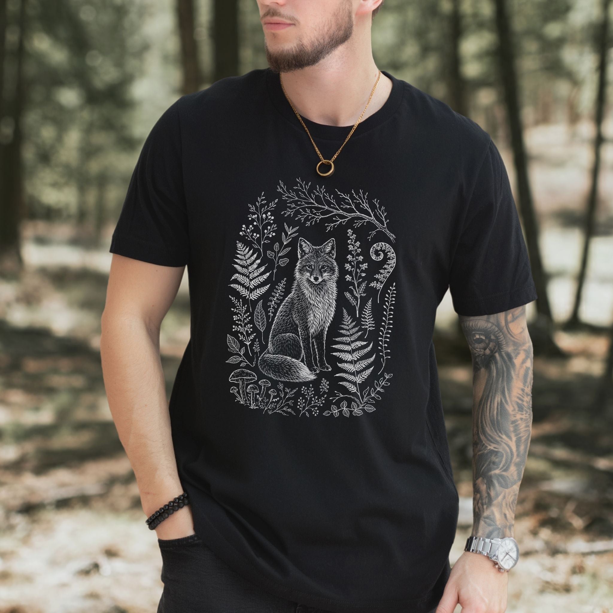 Fox and Forest Sketch Folk Art Forestcore T-Shirt