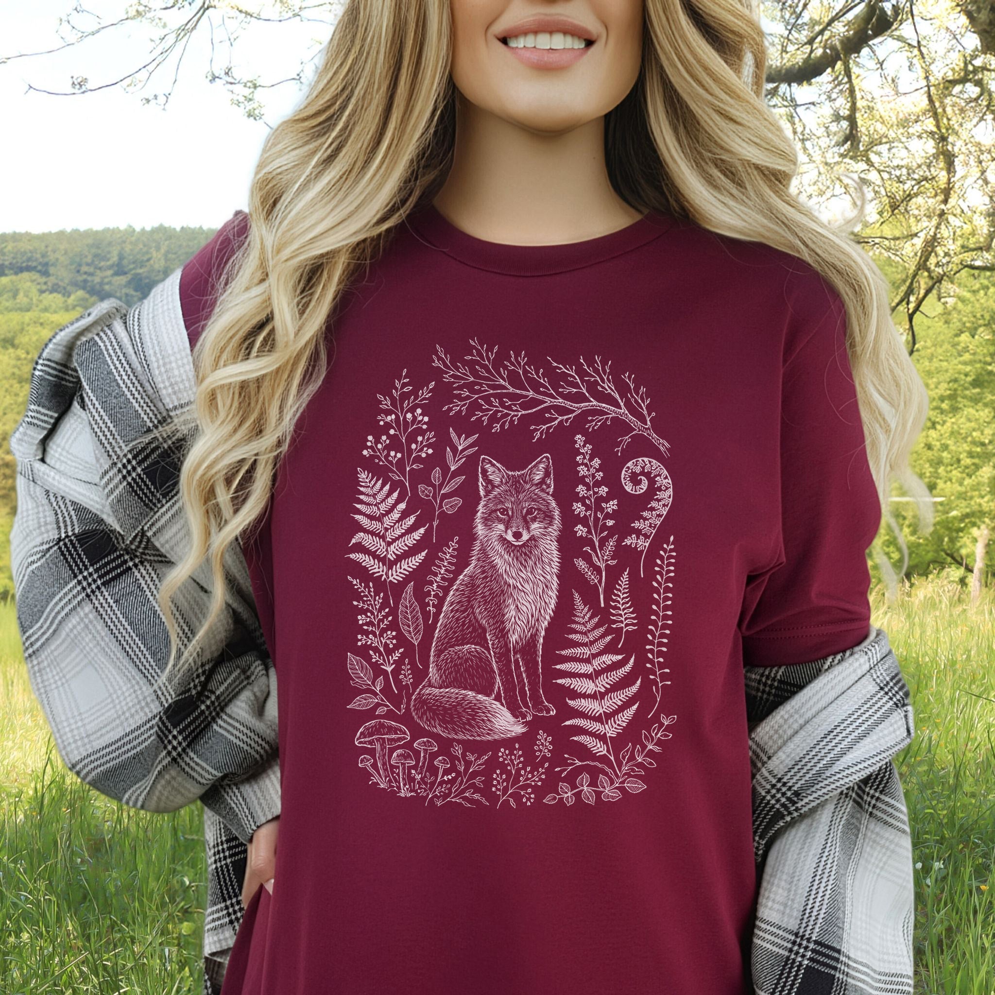 Fox and Forest Sketch Folk Art Forestcore T-Shirt